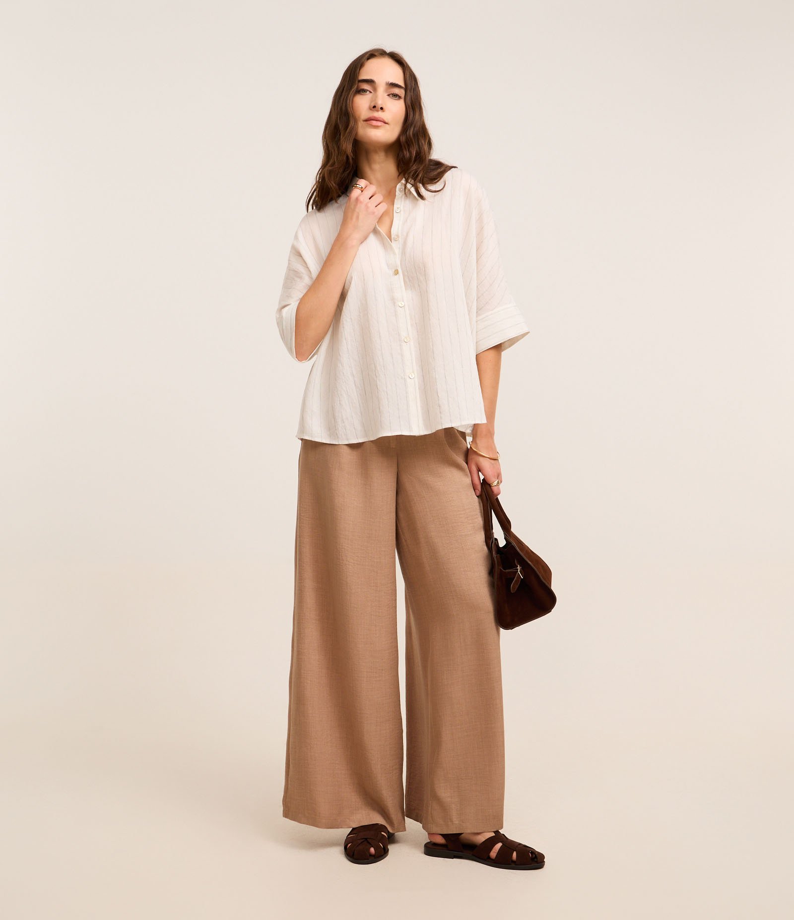 Camisa Oversized em Viscolinho Listrado com Fio Tinto Off White 2