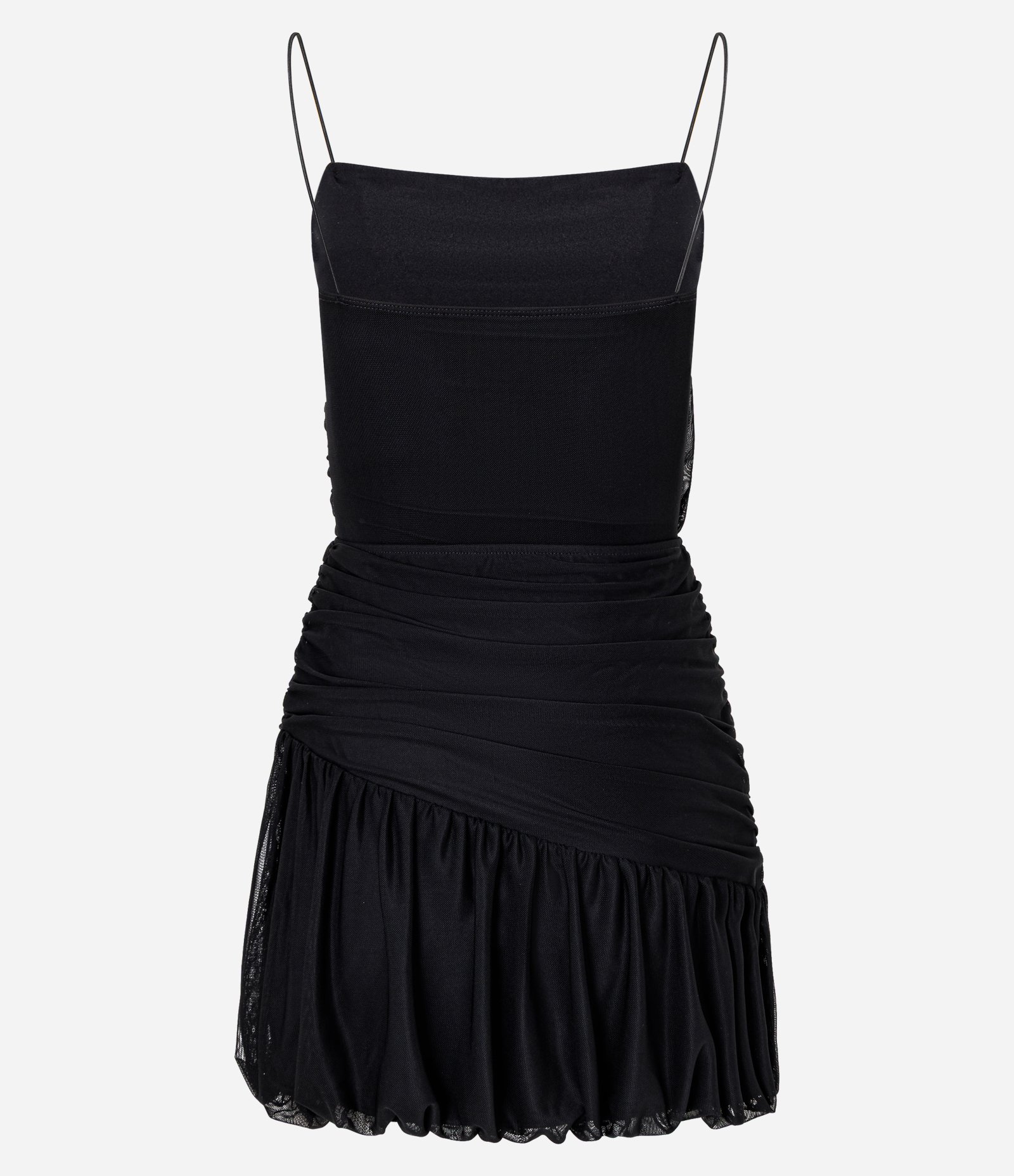 Vestido Balonê em Tule com Alça Fina e Franzidos Preto 6