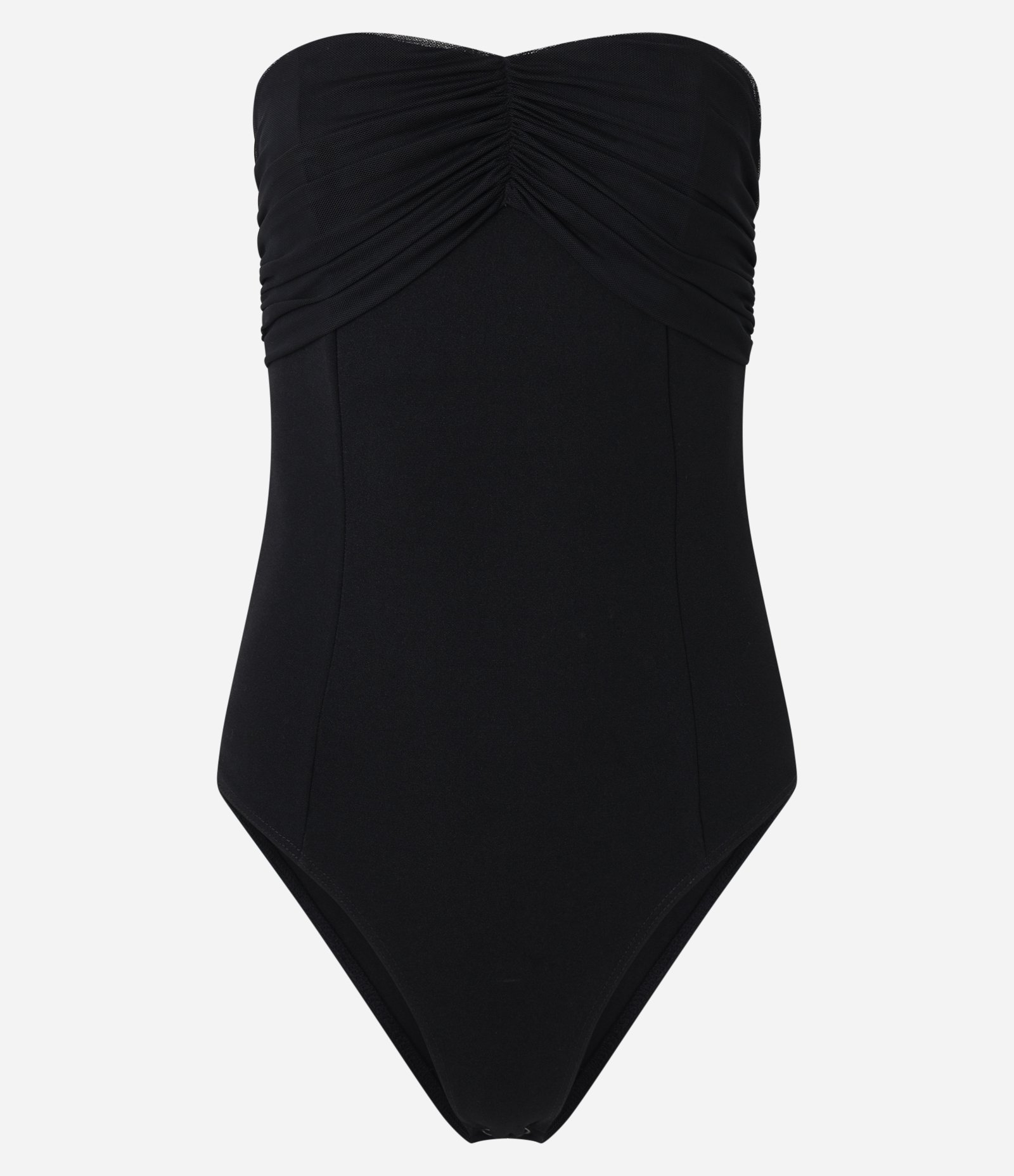 Body Tomara que Caia em Crepe com Decote Coração Franzido em Tule Preto 5