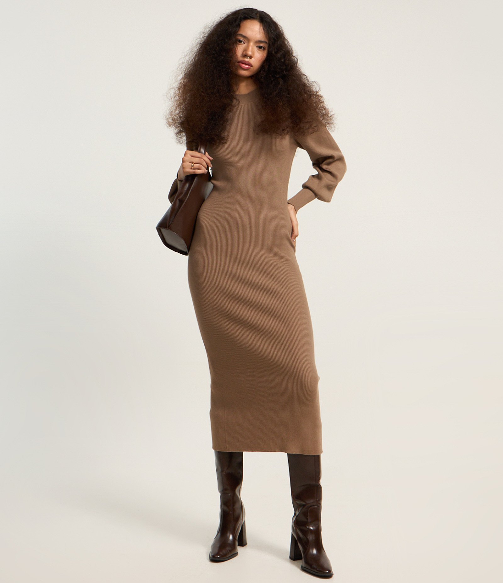 Vestido New Midi em Tricô com Manga Bufante Marrom 5