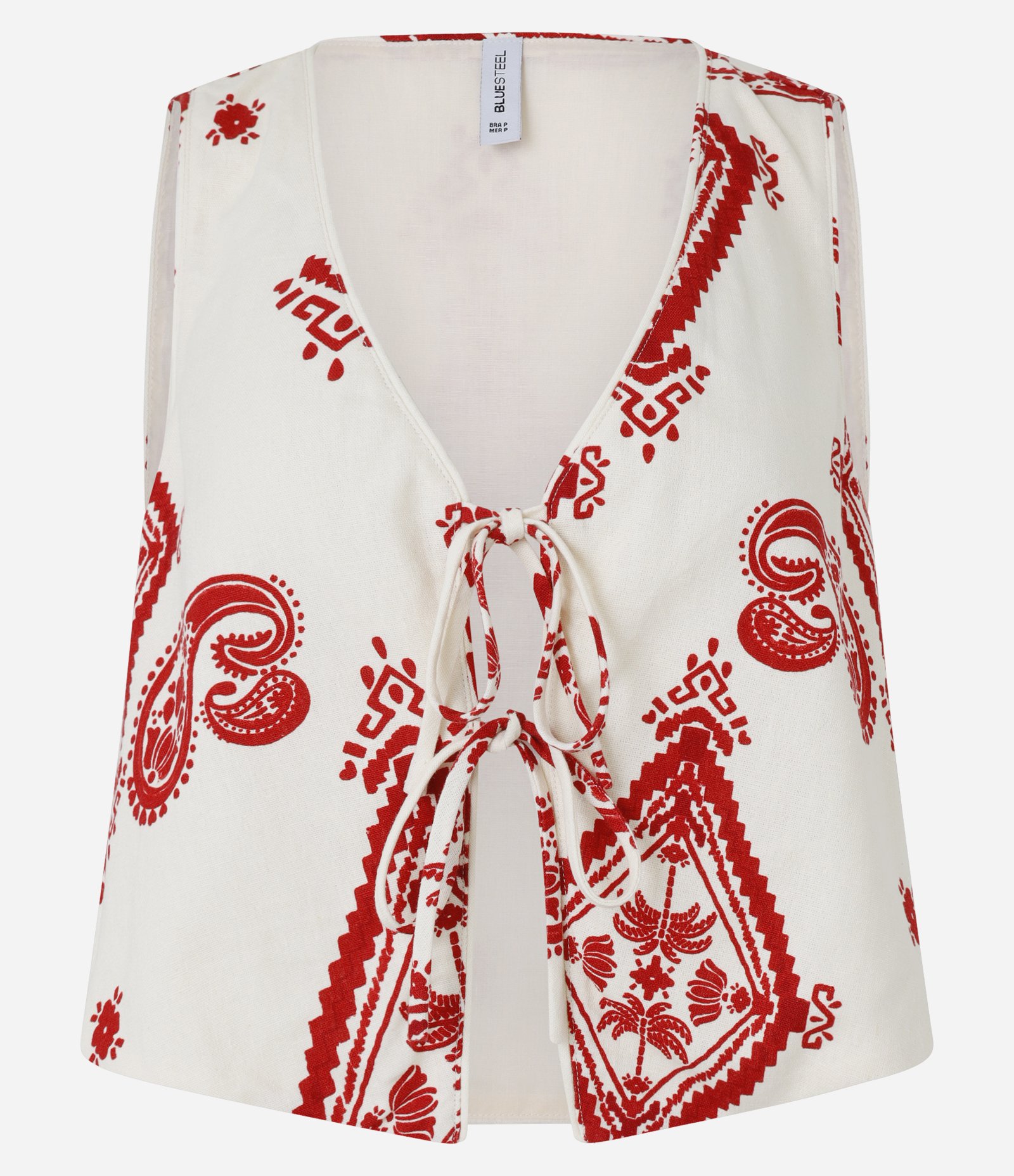 Blusa Cropped em Crepe com Amarração Frontal e Estampa Paisley Bege/Vermelho 5