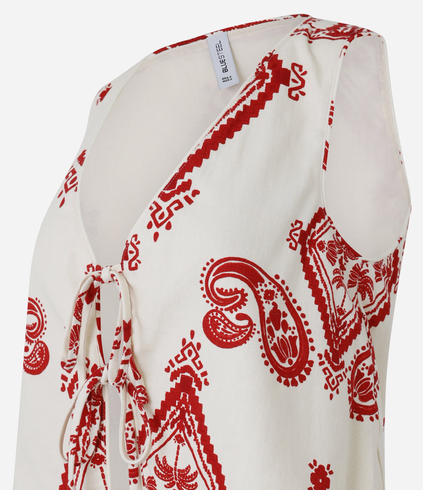 Blusa Cropped em Crepe com Amarração Frontal e Estampa Paisley Bege/Vermelho 6