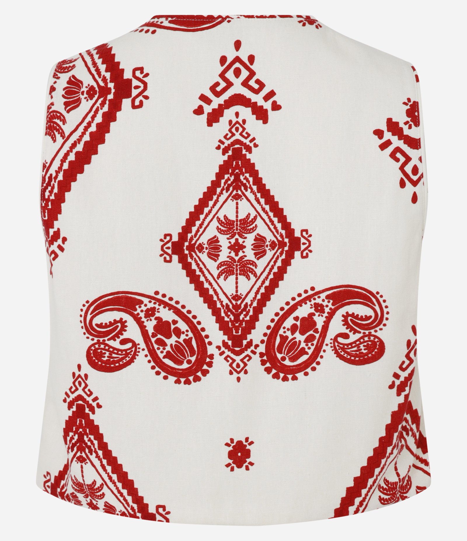 Blusa Cropped em Crepe com Amarração Frontal e Estampa Paisley Bege/Vermelho 7