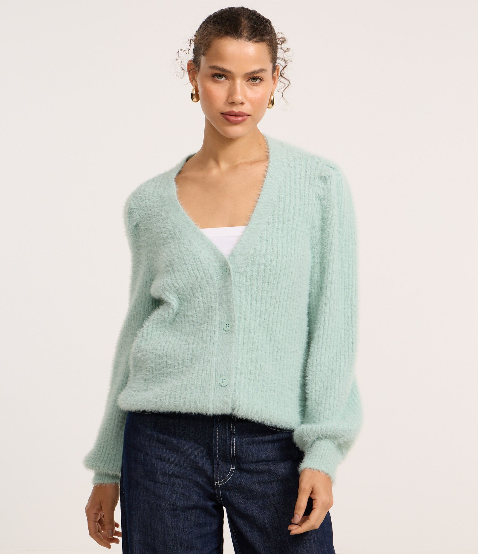 Cardigan Alongado em Tricô com Pelinhos e Punhos Canelados Verde 4
