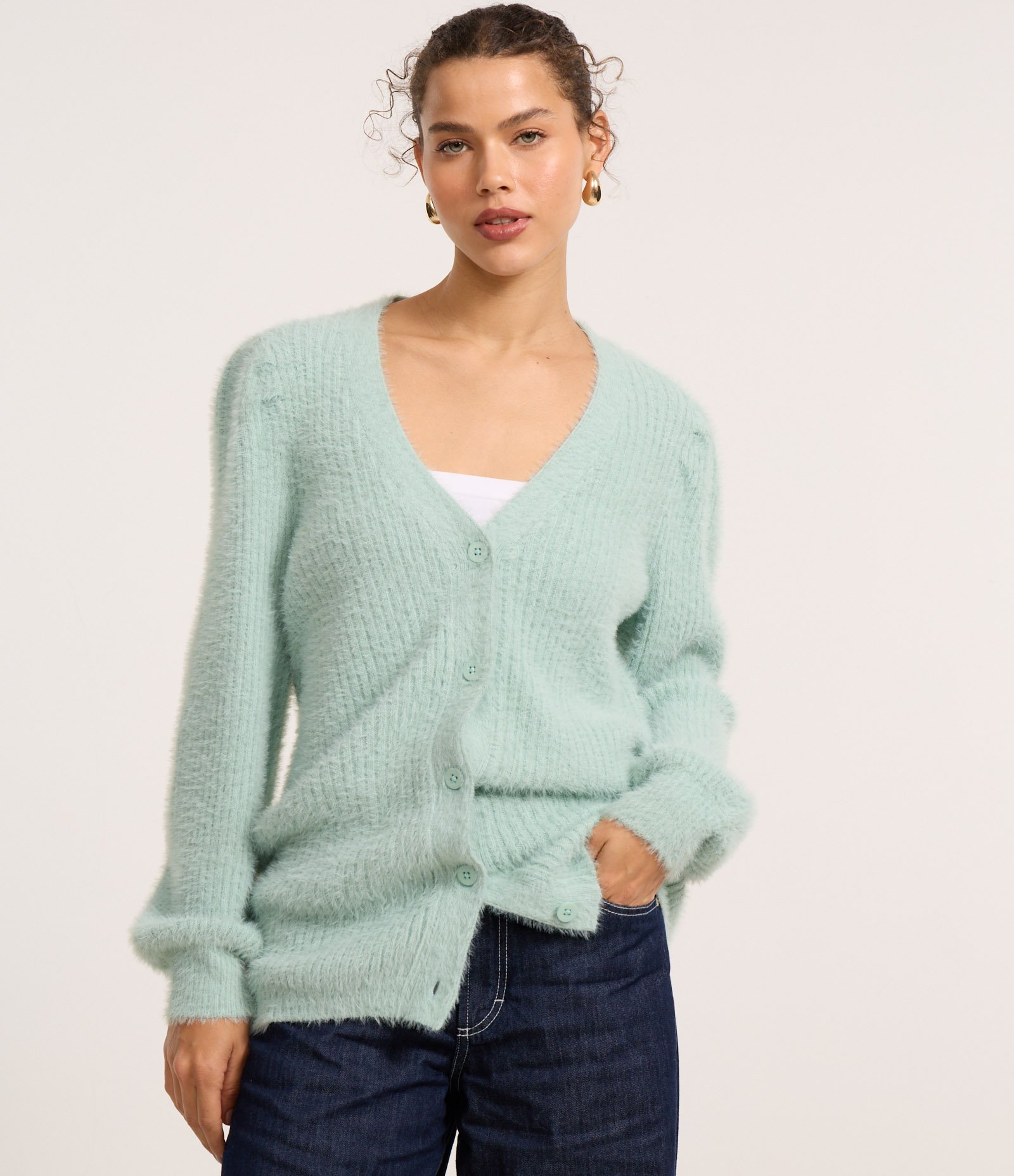 Cardigan Alongado em Tricô com Pelinhos e Punhos Canelados Verde 1