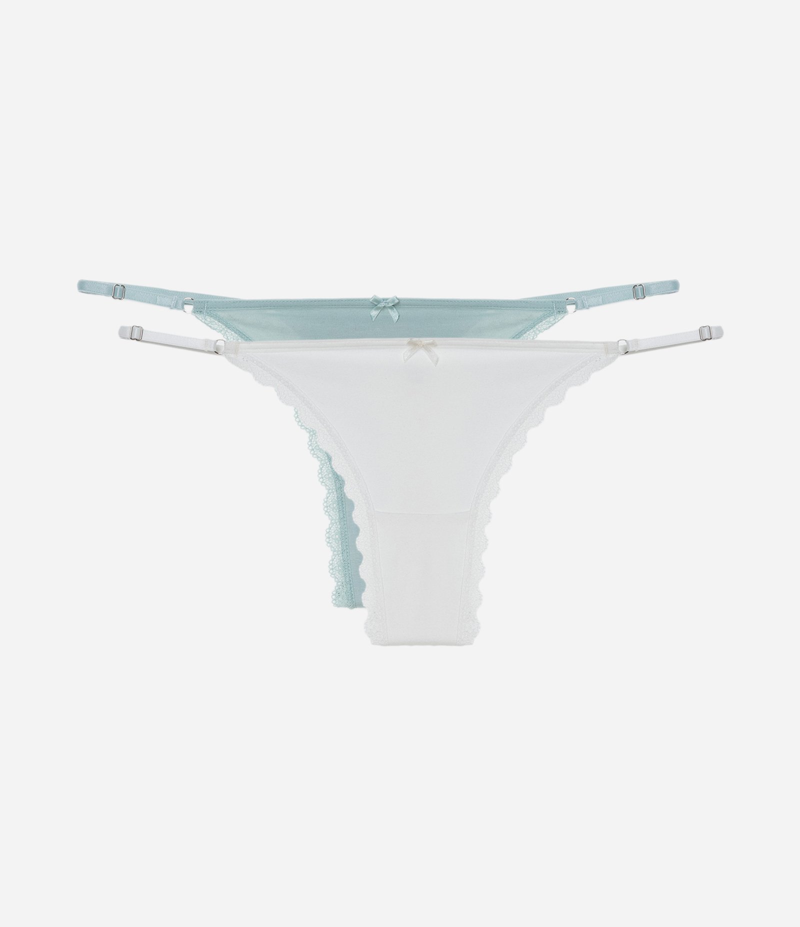 Kit 02 Calcinhas String em Algodão com Fio Duplo e Lacinho Branco/Verde Branco/ Verde 1