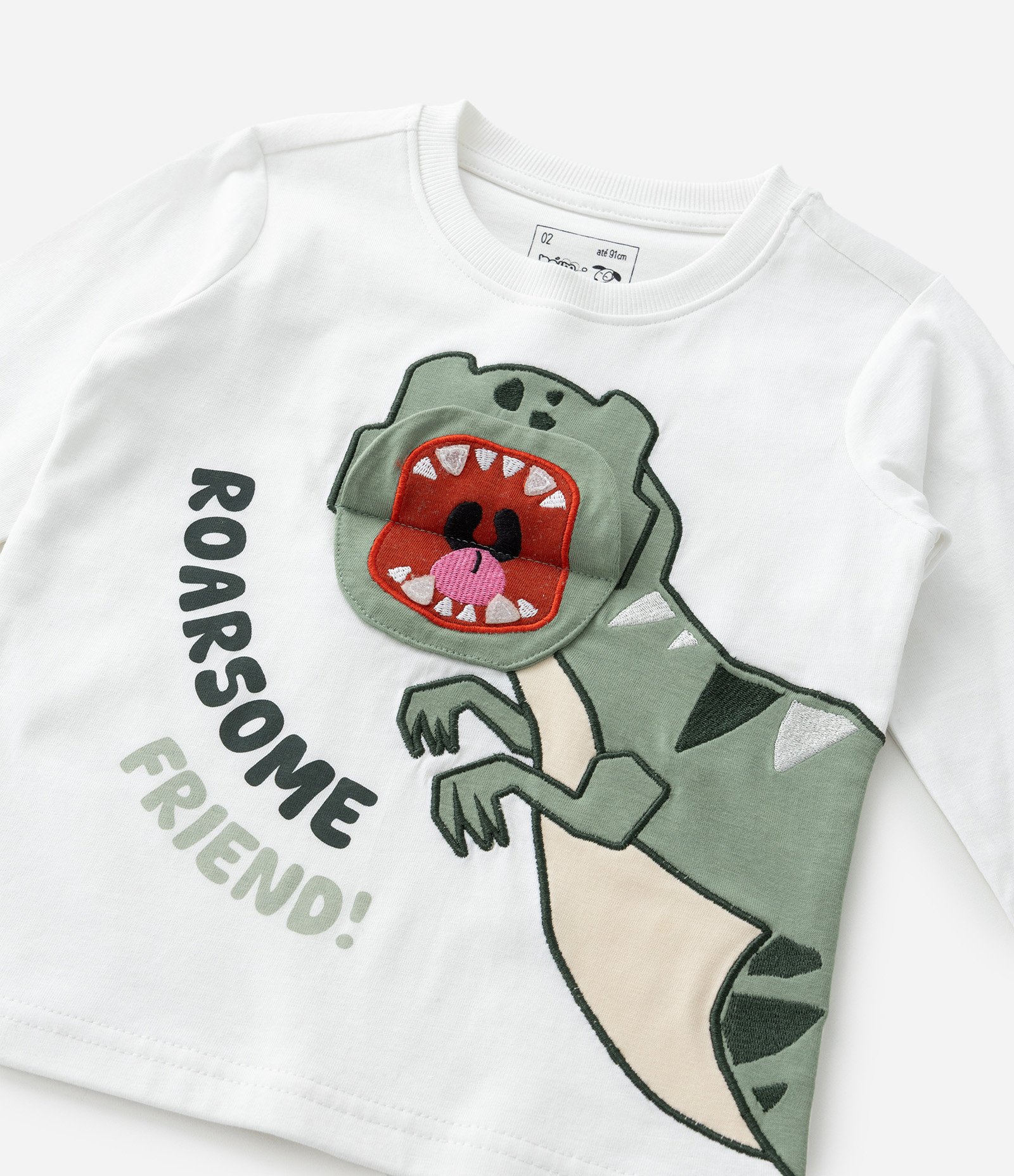 Camiseta Infantil com Estampa Interativa Dino - Tam 1 a 6 Anos Branco 7
