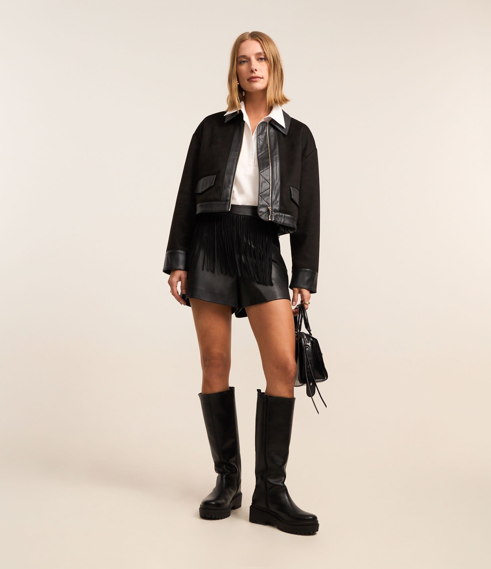 Short Western Cintura Alta em PU com Franjas Preto 1