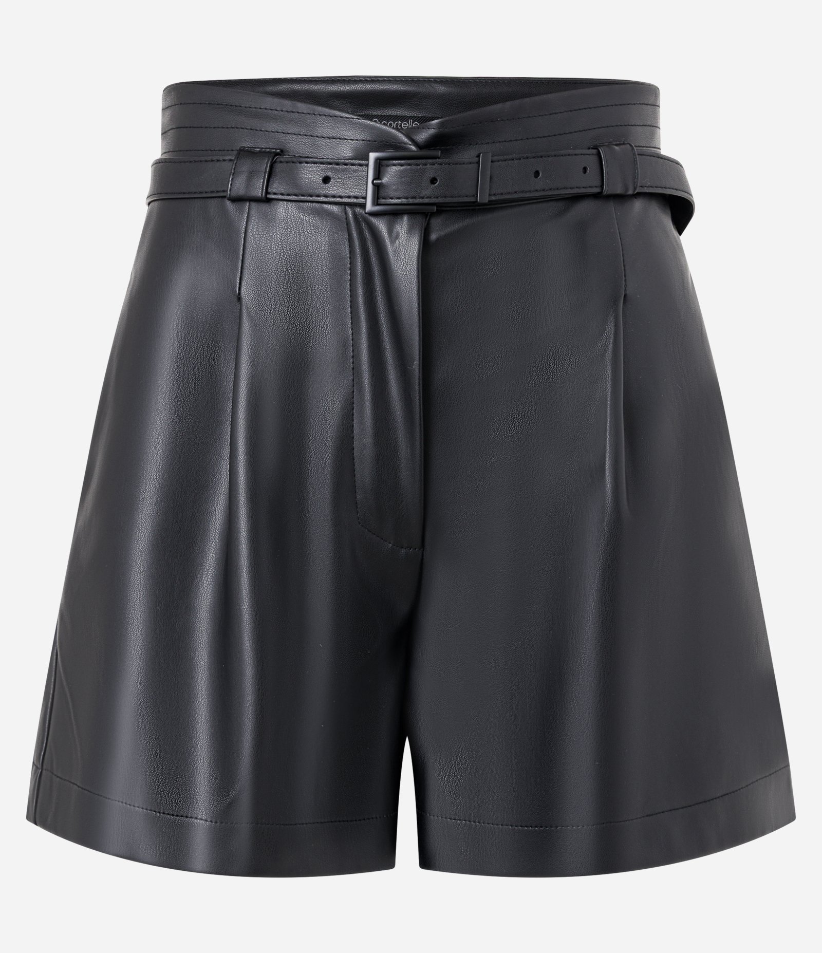 Short Cintura Alta em PU com Cinto Estreito e Pregas Preto 5