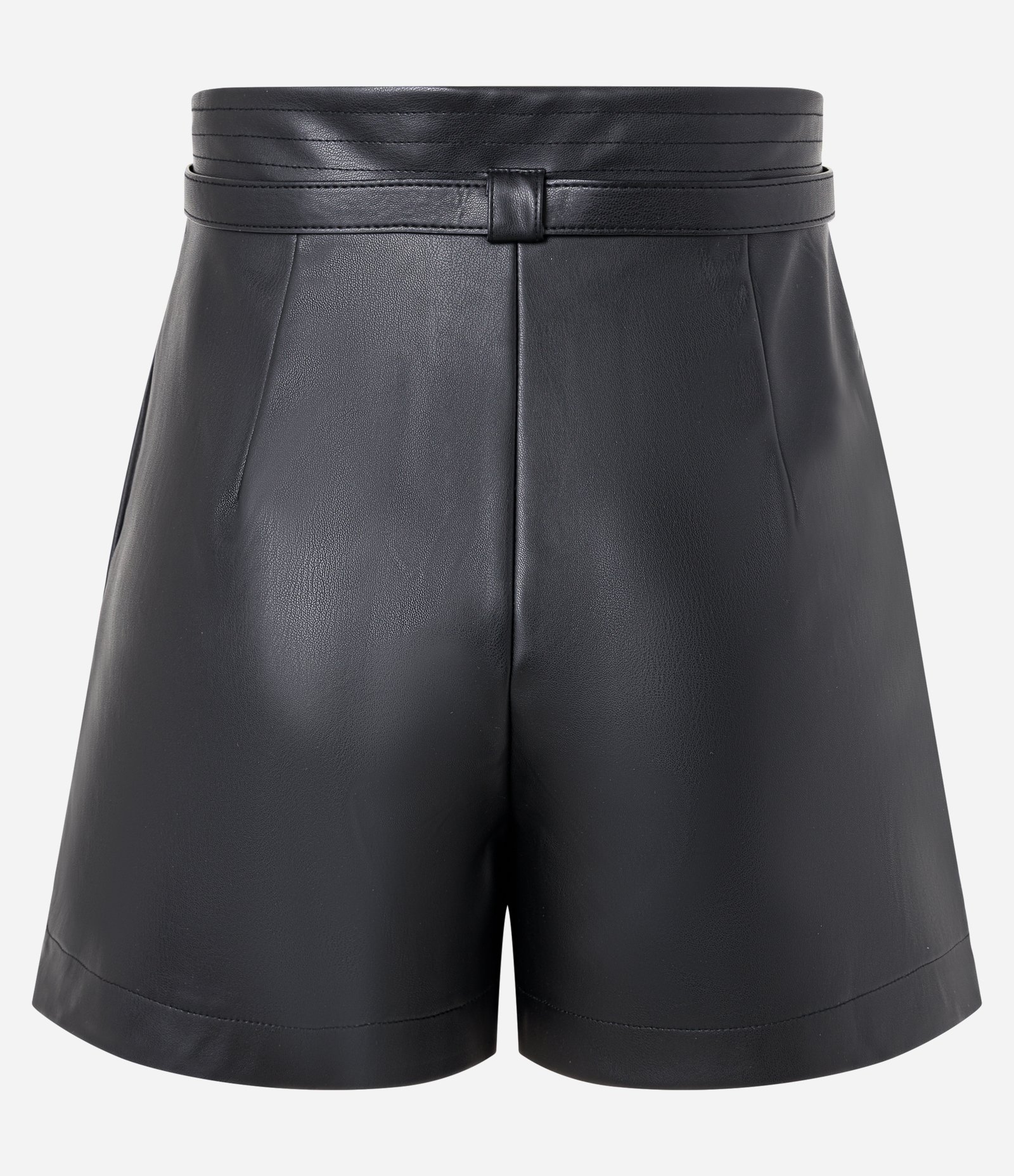 Short Cintura Alta em PU com Cinto Estreito e Pregas Preto 6