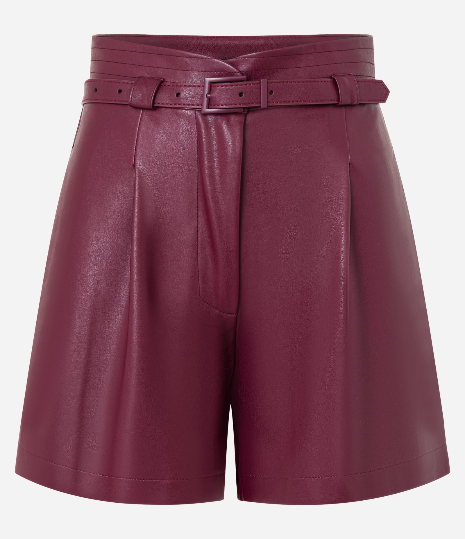 Short Cintura Alta em PU com Cinto Estreito e Pregas Vinho 5
