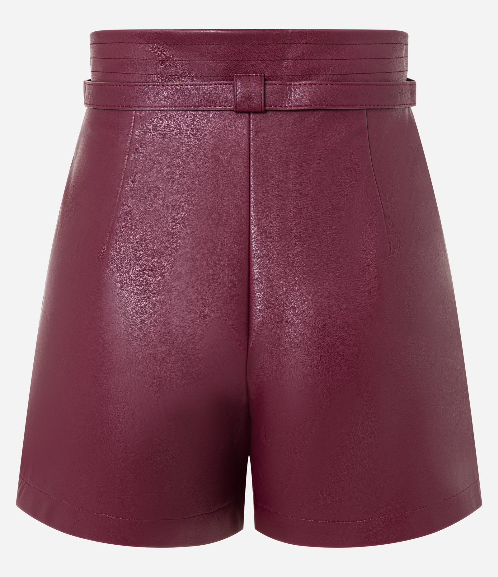 Short Cintura Alta em PU com Cinto Estreito e Pregas Vinho 6