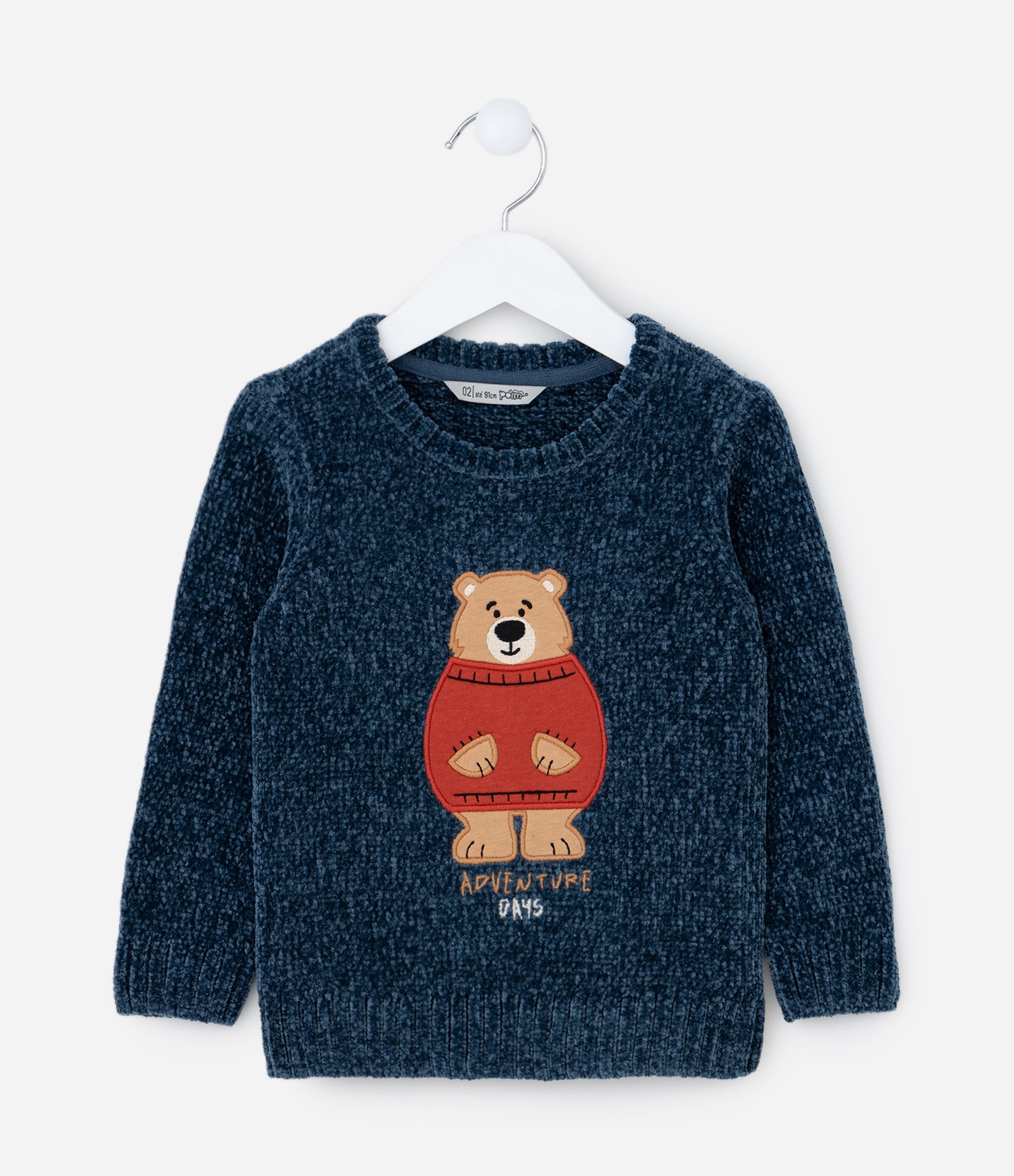 Suéter Infantil em Chenille com Bordado Urso - Tam 1 a 5 Anos Azul 1