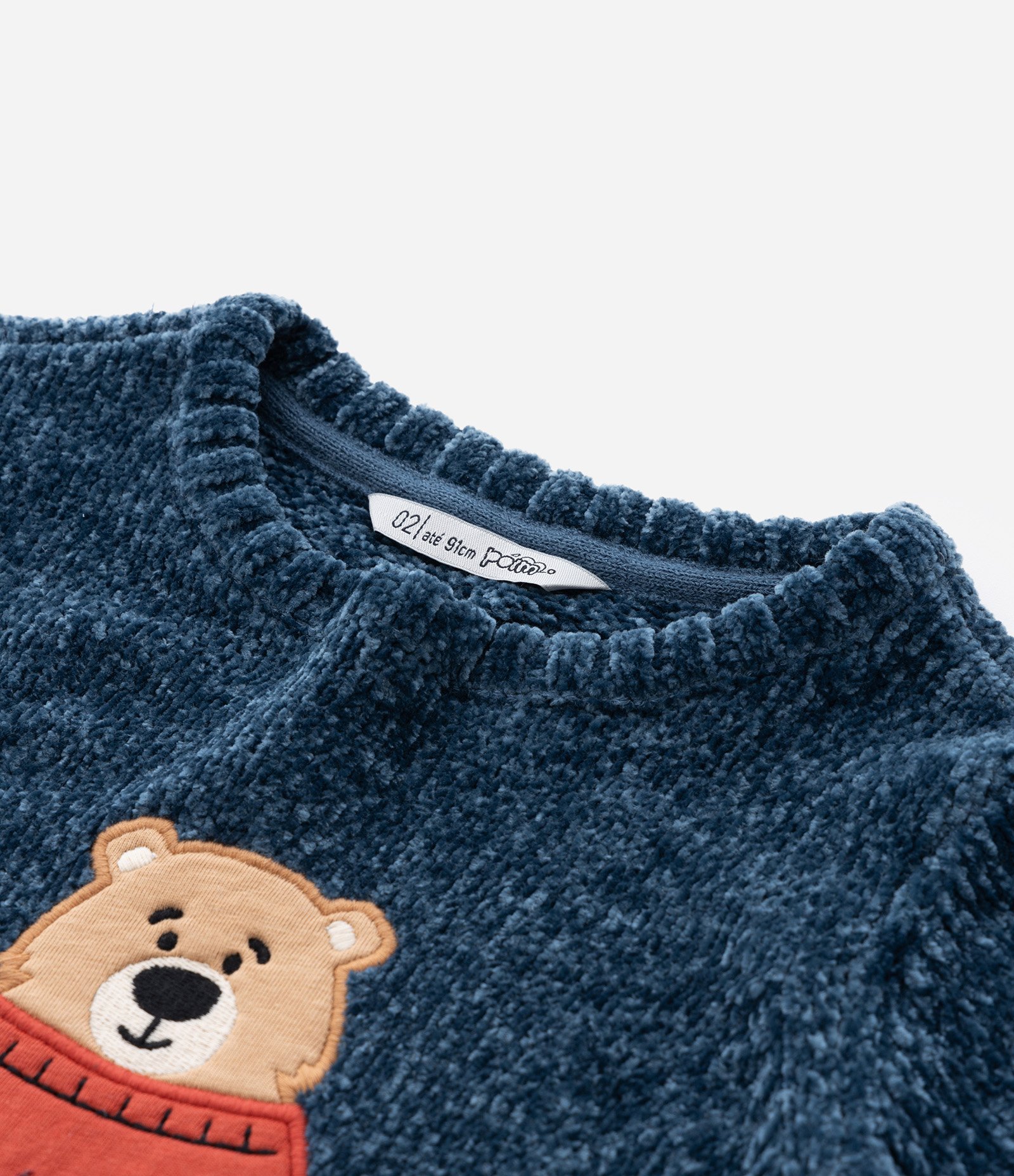 Suéter Infantil em Chenille com Bordado Urso - Tam 1 a 5 Anos Azul 5