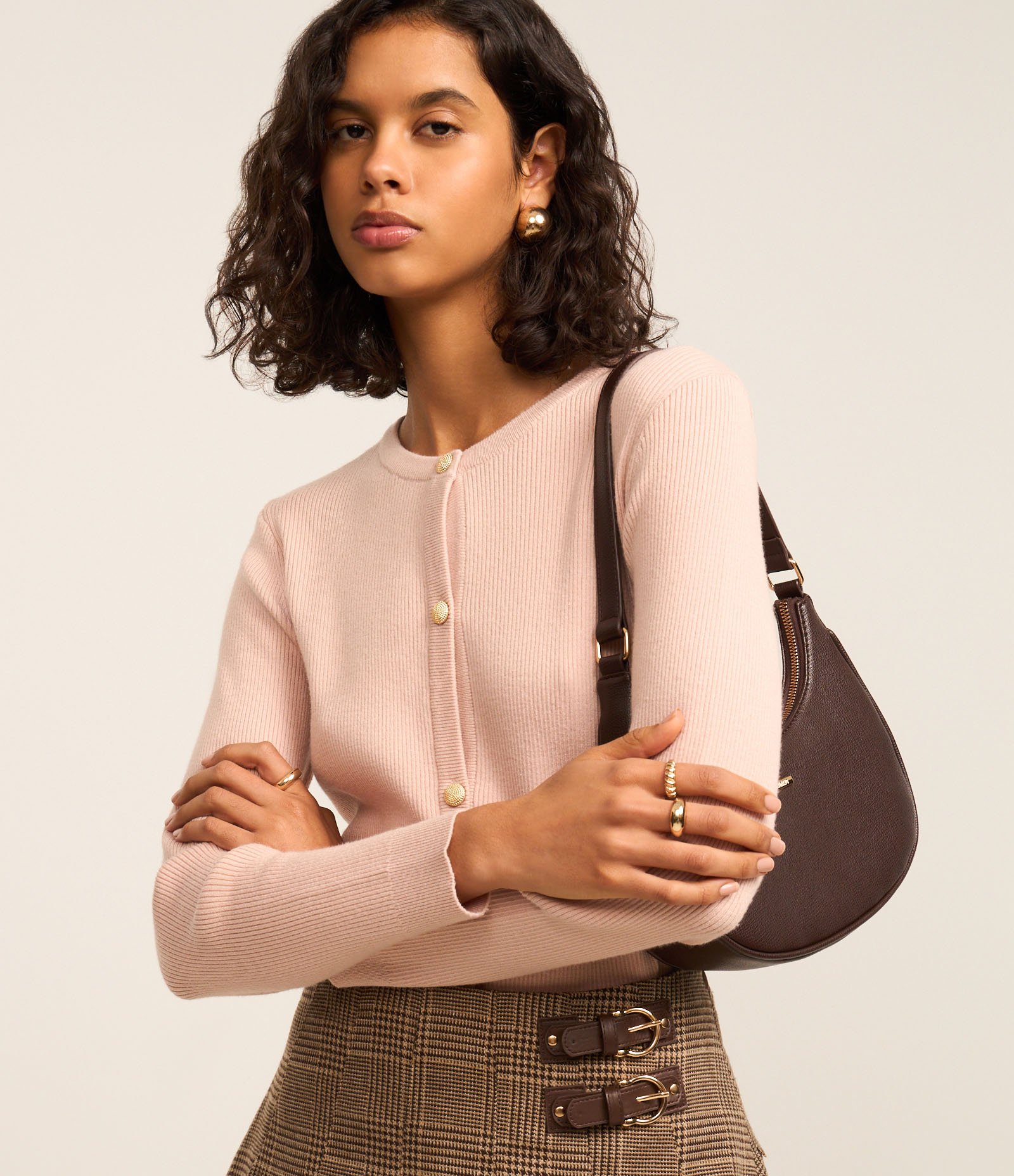 Cardigan Básico em Tricô Canelado com Botões Metalizados Rosa 1