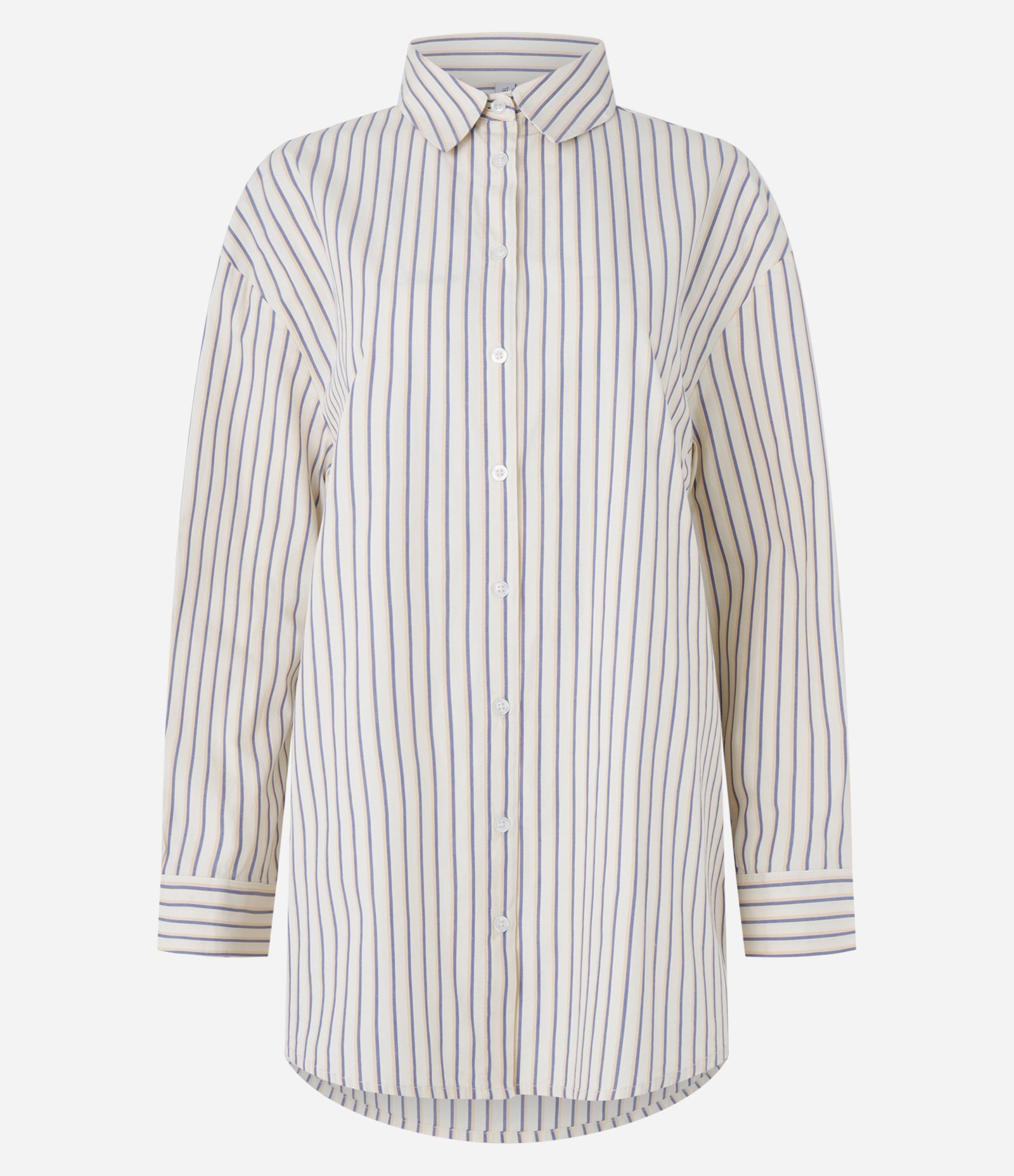 Camisa Alongada em Tricoline com Listras e Botões Bege 6