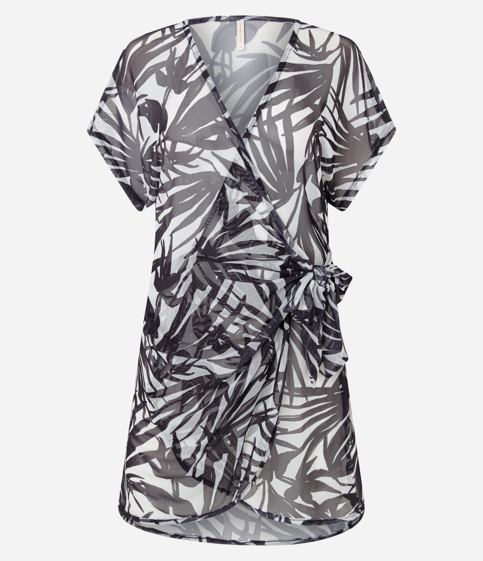 Saída de Praia Vestido Curto em Tule e Estampa de Folhagem Preto/Branco 5