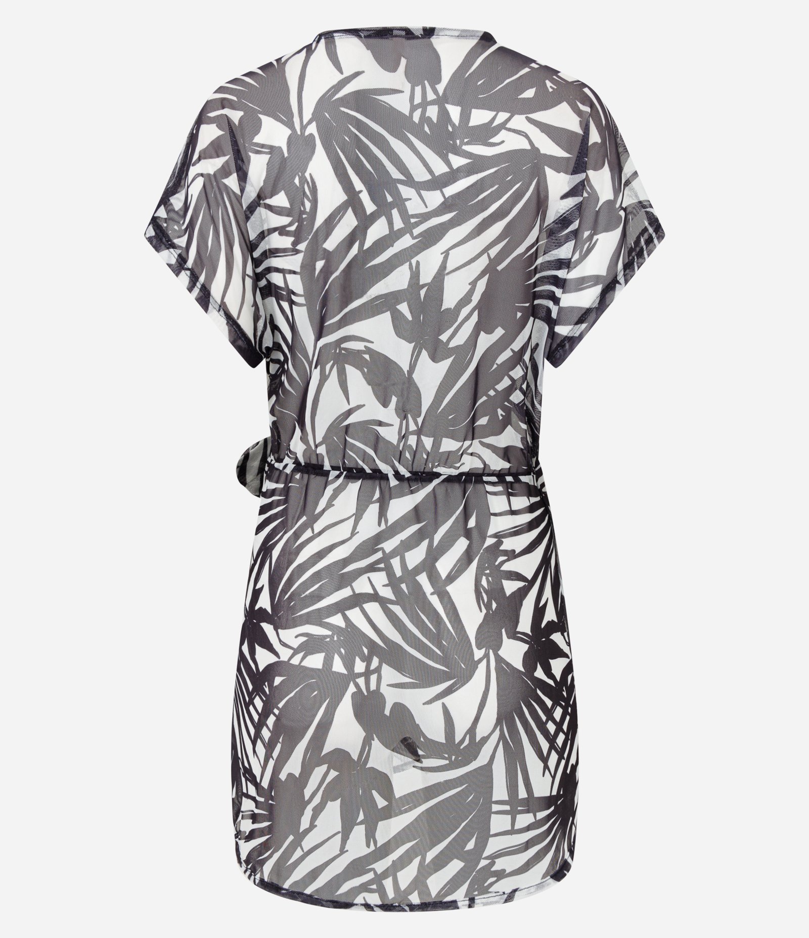 Saída de Praia Vestido Curto em Tule e Estampa de Folhagem Preto/Branco 6
