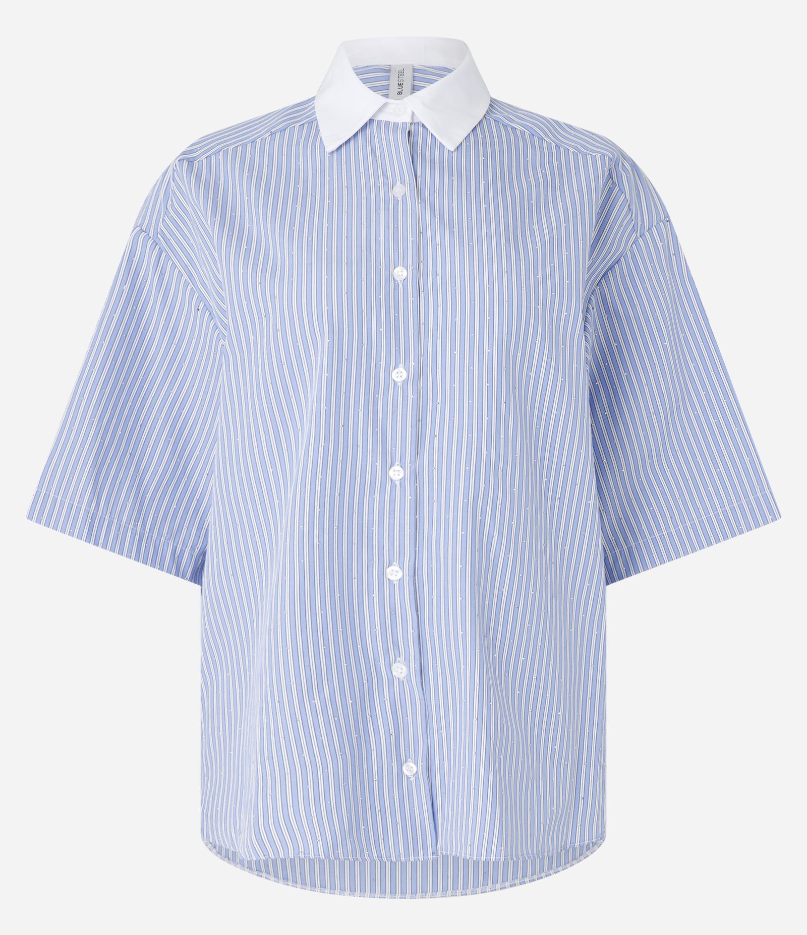 Camisa Oversized com Gola Contrastante e Aplicação de Hotfix Azul 4