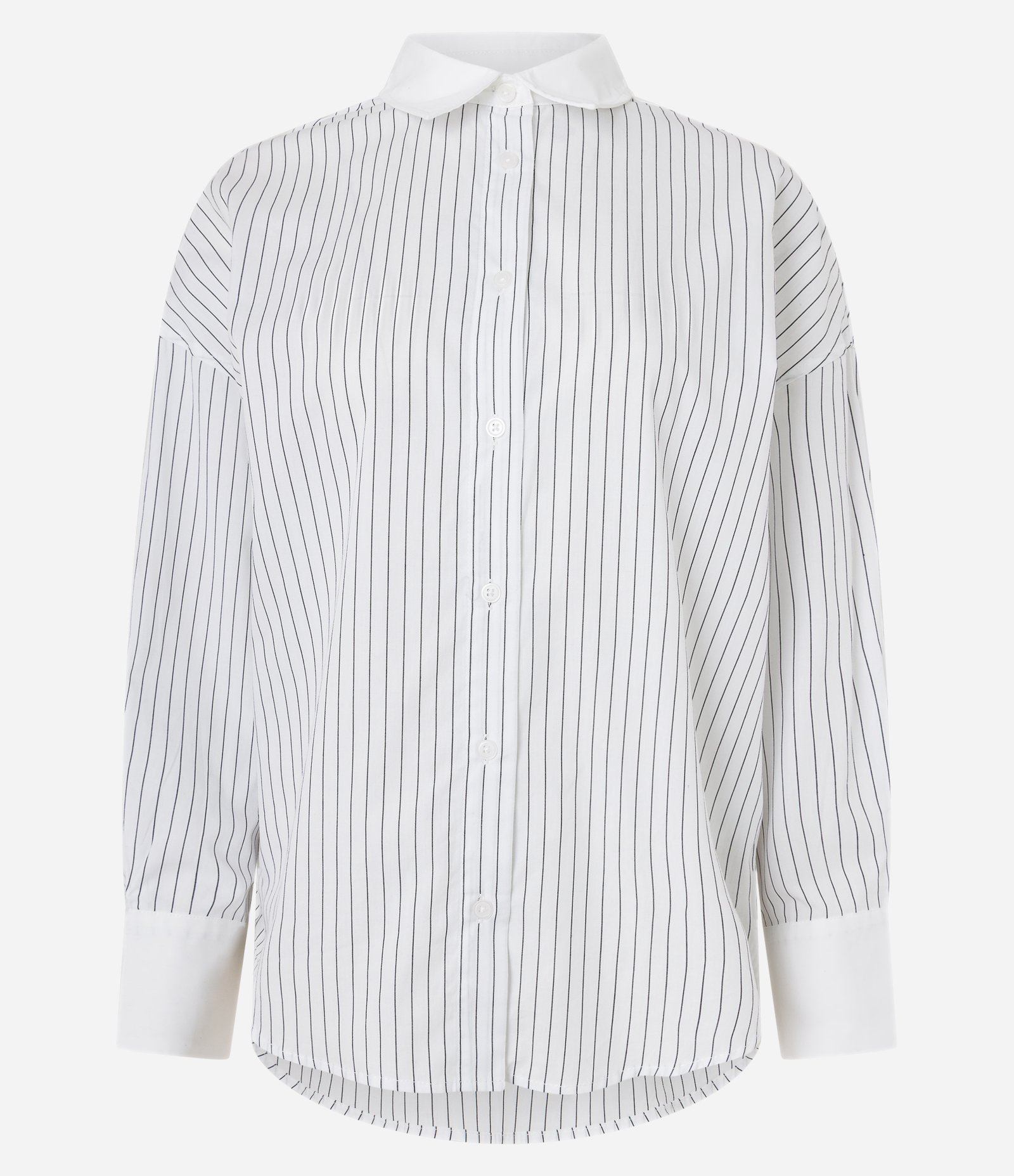 Camisa Oversized em Tricoline com Listras de Fio Tinto Branco 1