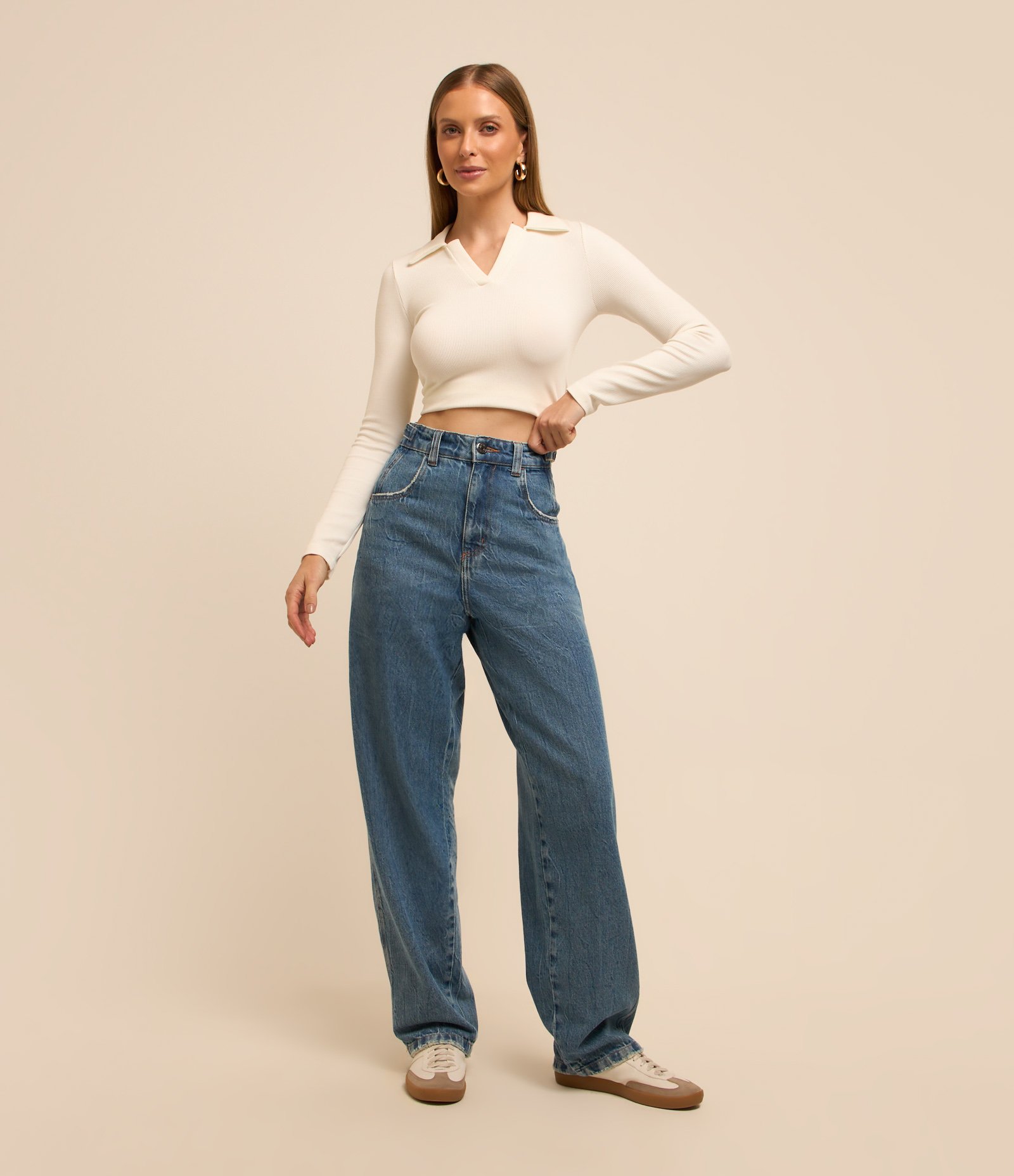 Calça Balloon Cintura Alta em Jeans Destroyer com Bolsos Azul 1