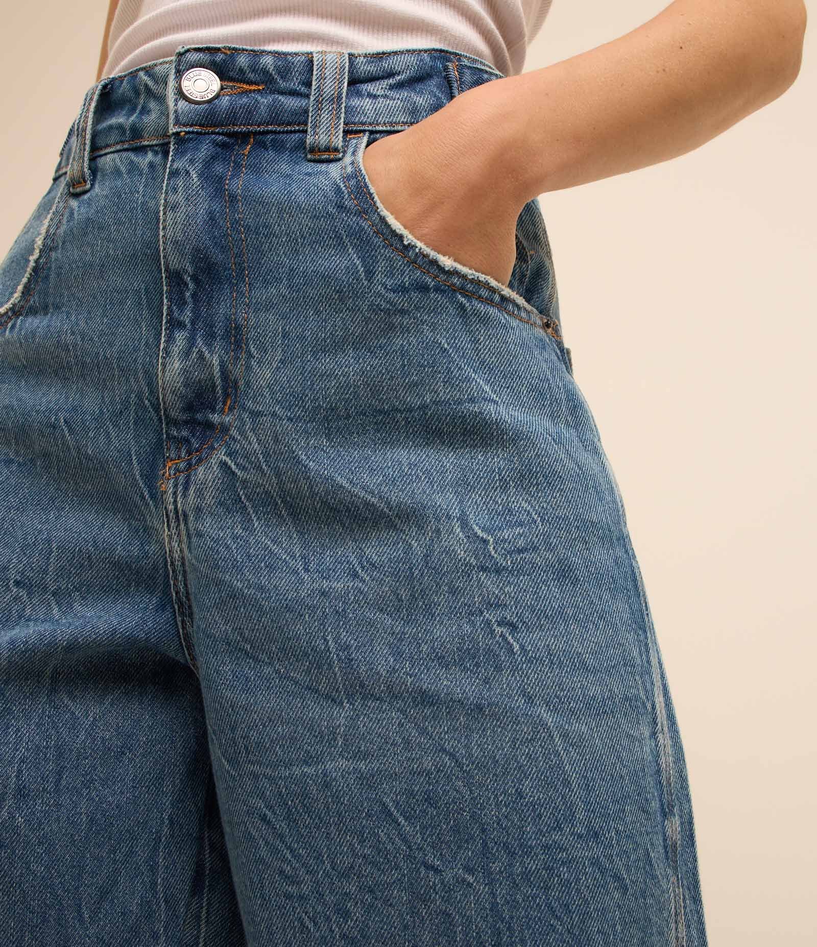 Calça Balloon Cintura Alta em Jeans Destroyer com Bolsos Azul 4