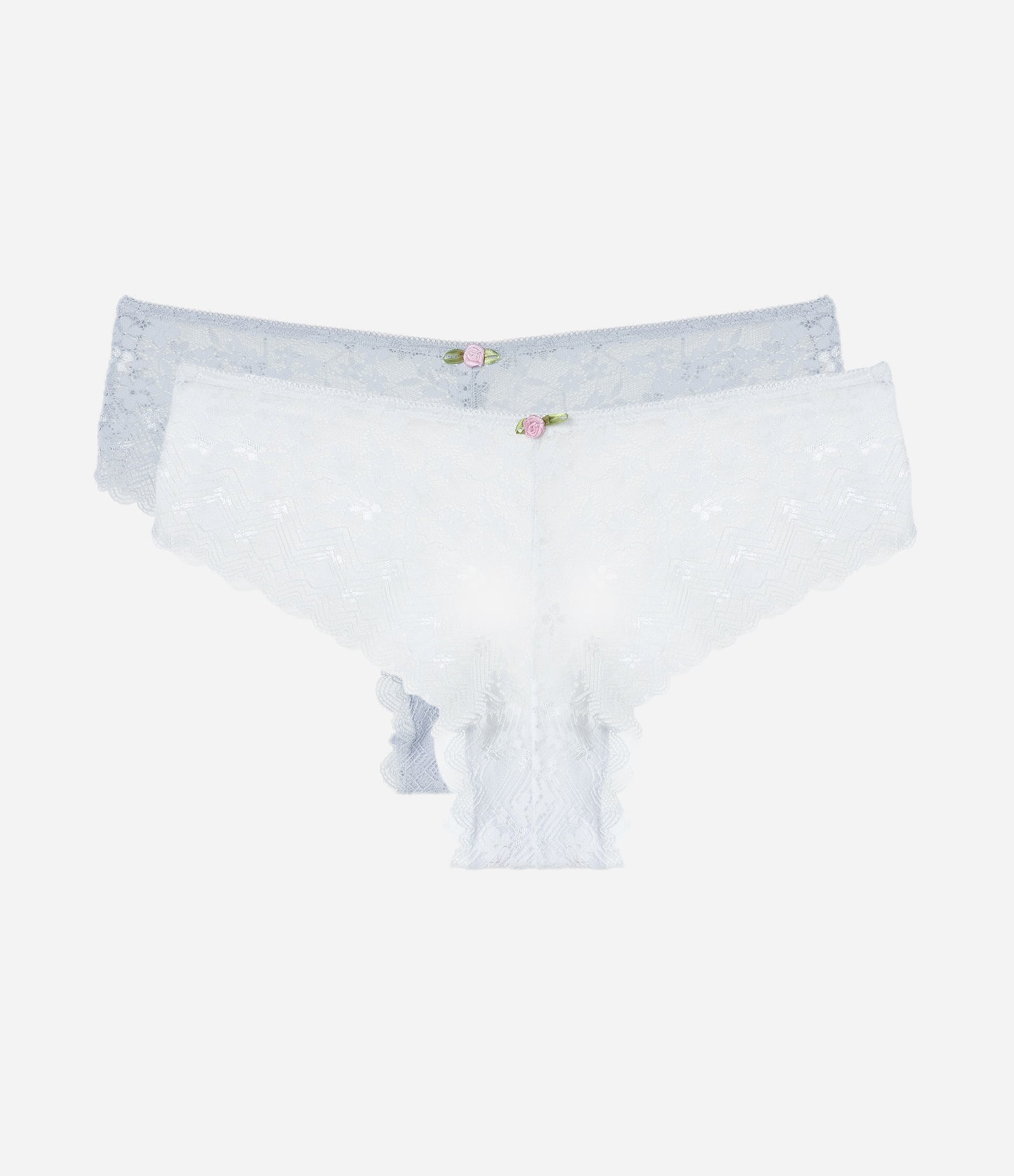 Kit 02 Calcinhas Boyshort em Renda com Florzinha no Cós Branco/ Azul Claro 1