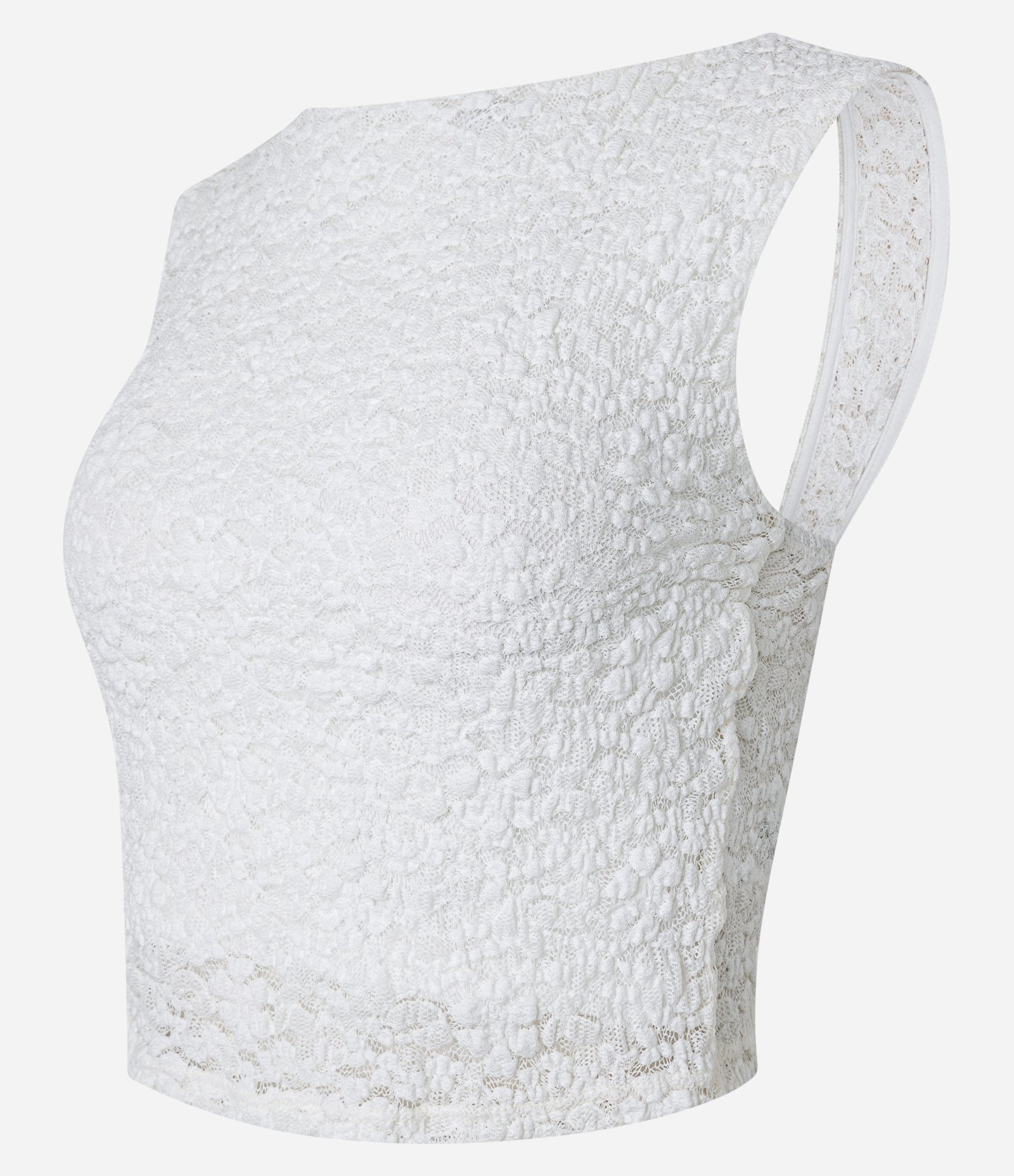 Blusa Cropped em Renda com Decote Canoa Branco 7