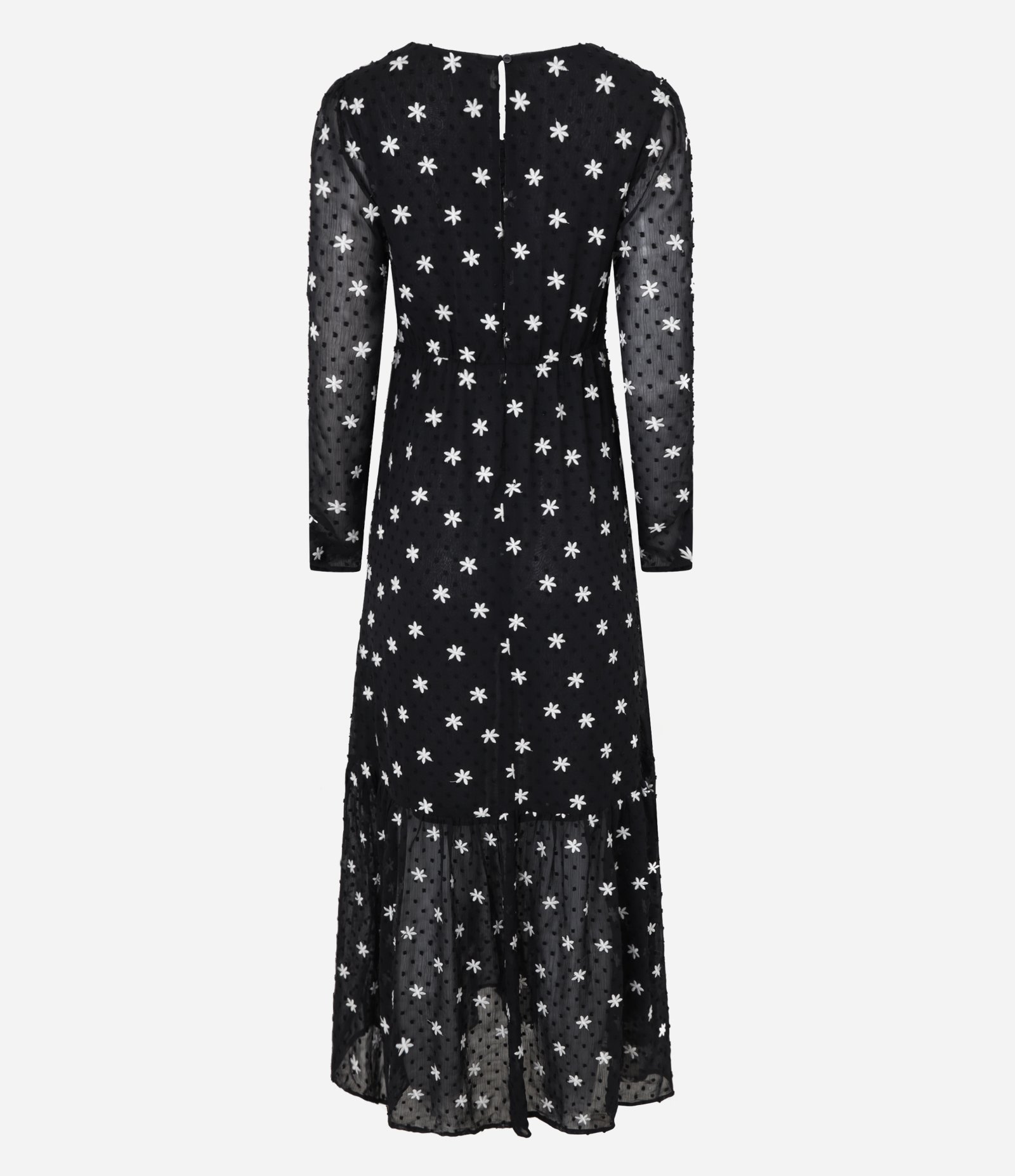 Vestido Evasê Longo em Chiffon com Bordado de Florzinhas Preto 7