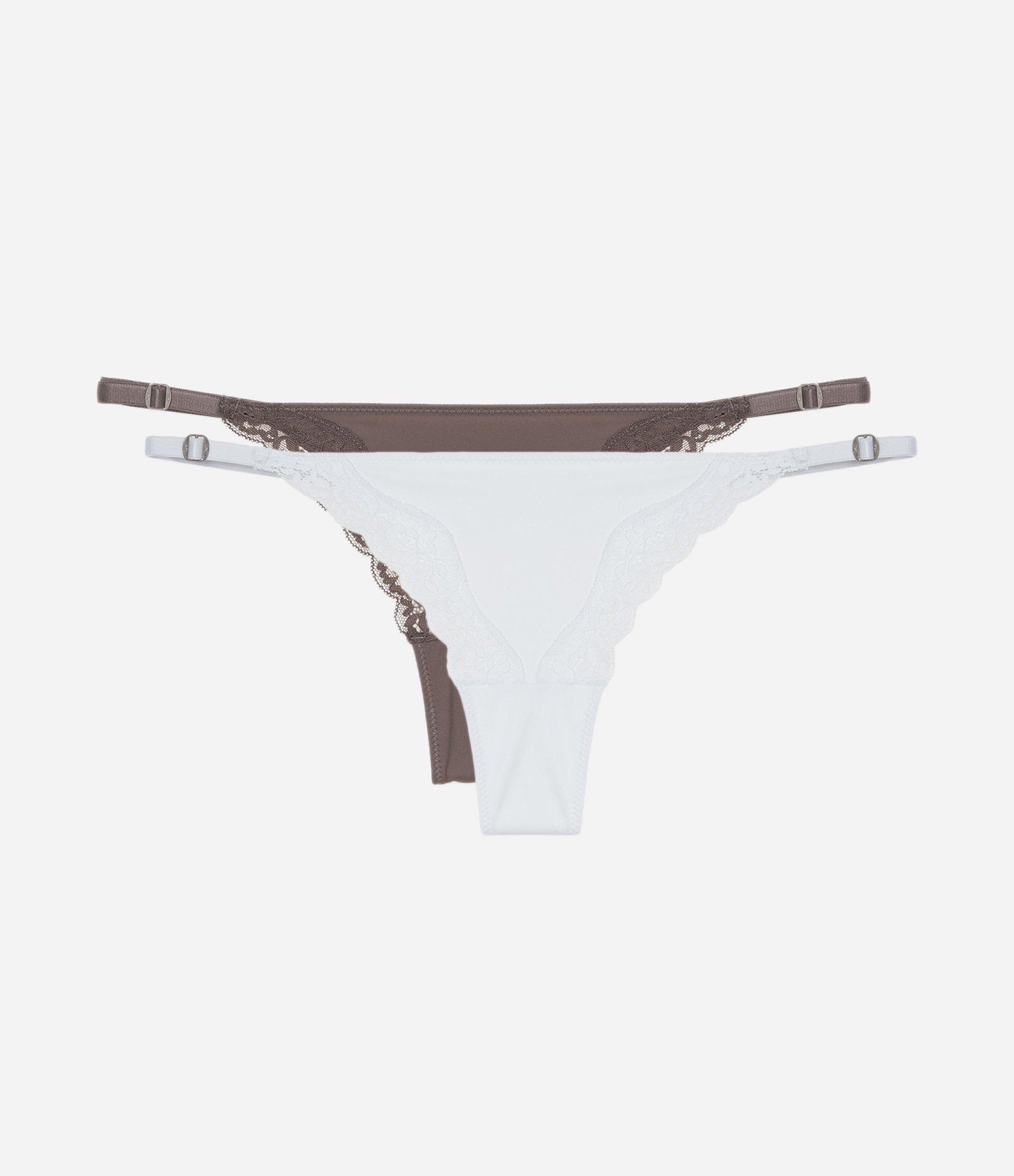 Kit 02 Calcinhas String Fio em Microfibra com Renda Branco/Marrom Acinzentado 1