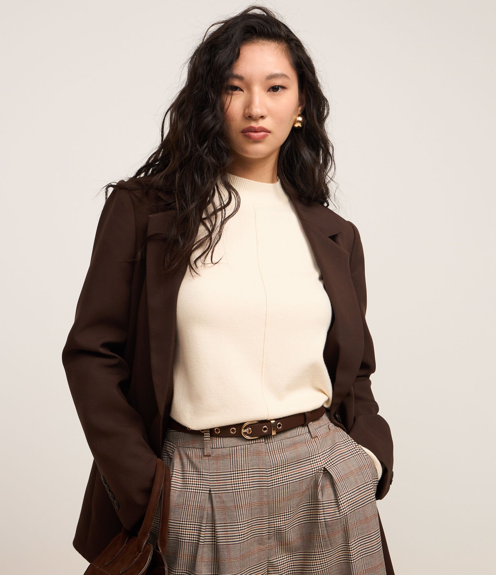 Suéter em Tricô com Gola Alta e Nervura Frontal Off White 1