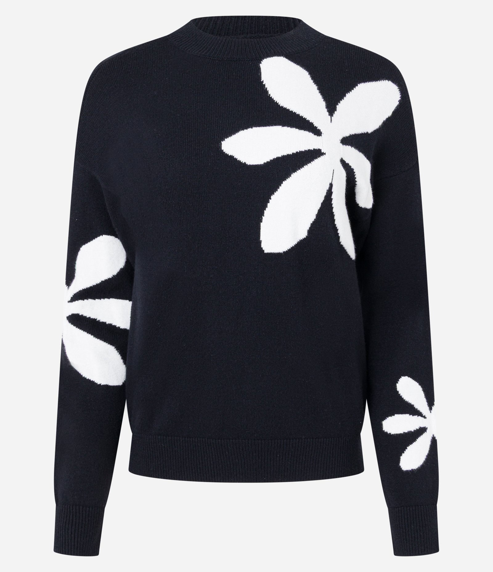 Suéter Regular em Tricô Pesado com Flores Preto/Branco 4