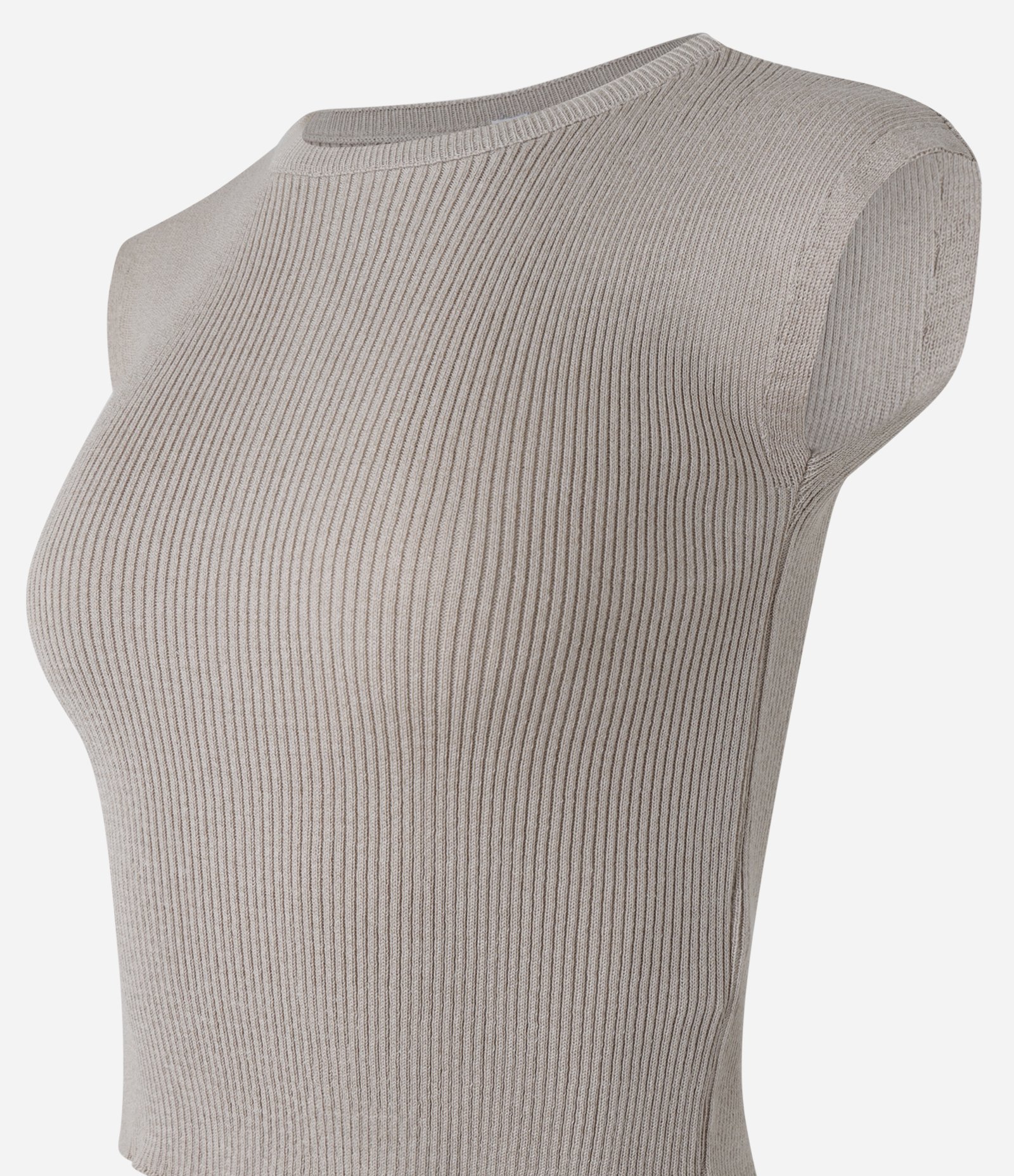 Blusa Curta e Canelada em Tricô com Ombro Alongado Bege 5