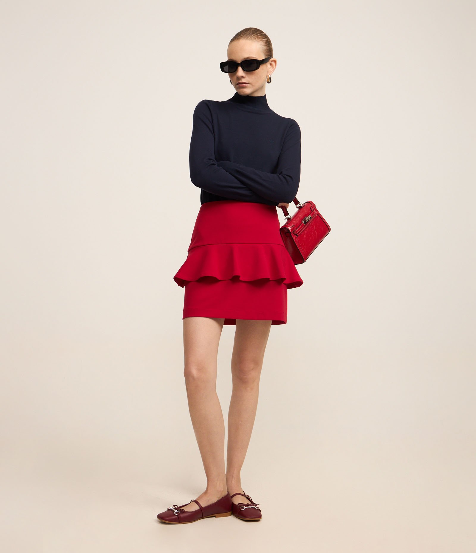 Saia Curta em Crepe com Babado em Sobreposição Vermelho 1