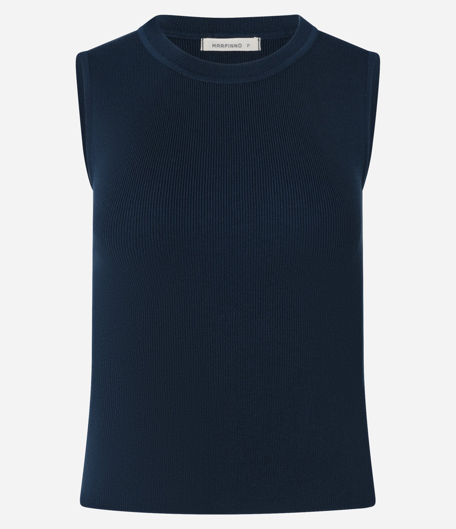 Blusa Sem Manga em Tricô Canelado com Gola Redonda Azul Marinho 1