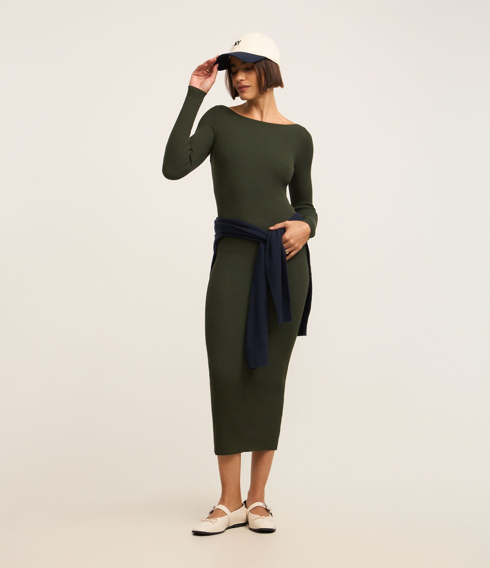Vestido Midi Justo em Tricô com Gola Canoa Verde 2