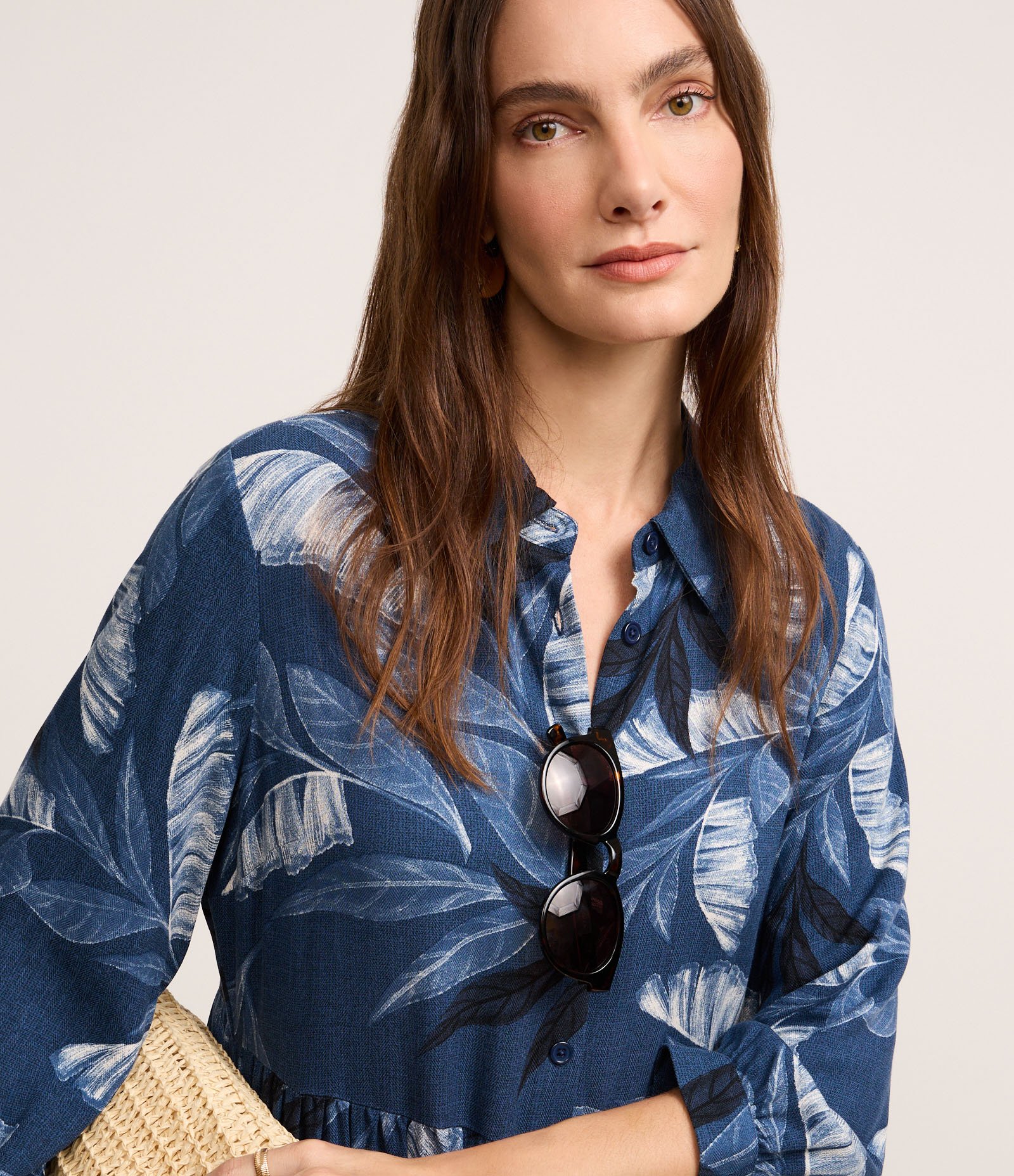 Vestido Chemise Midi com Estampa de Folhagem Azul 3