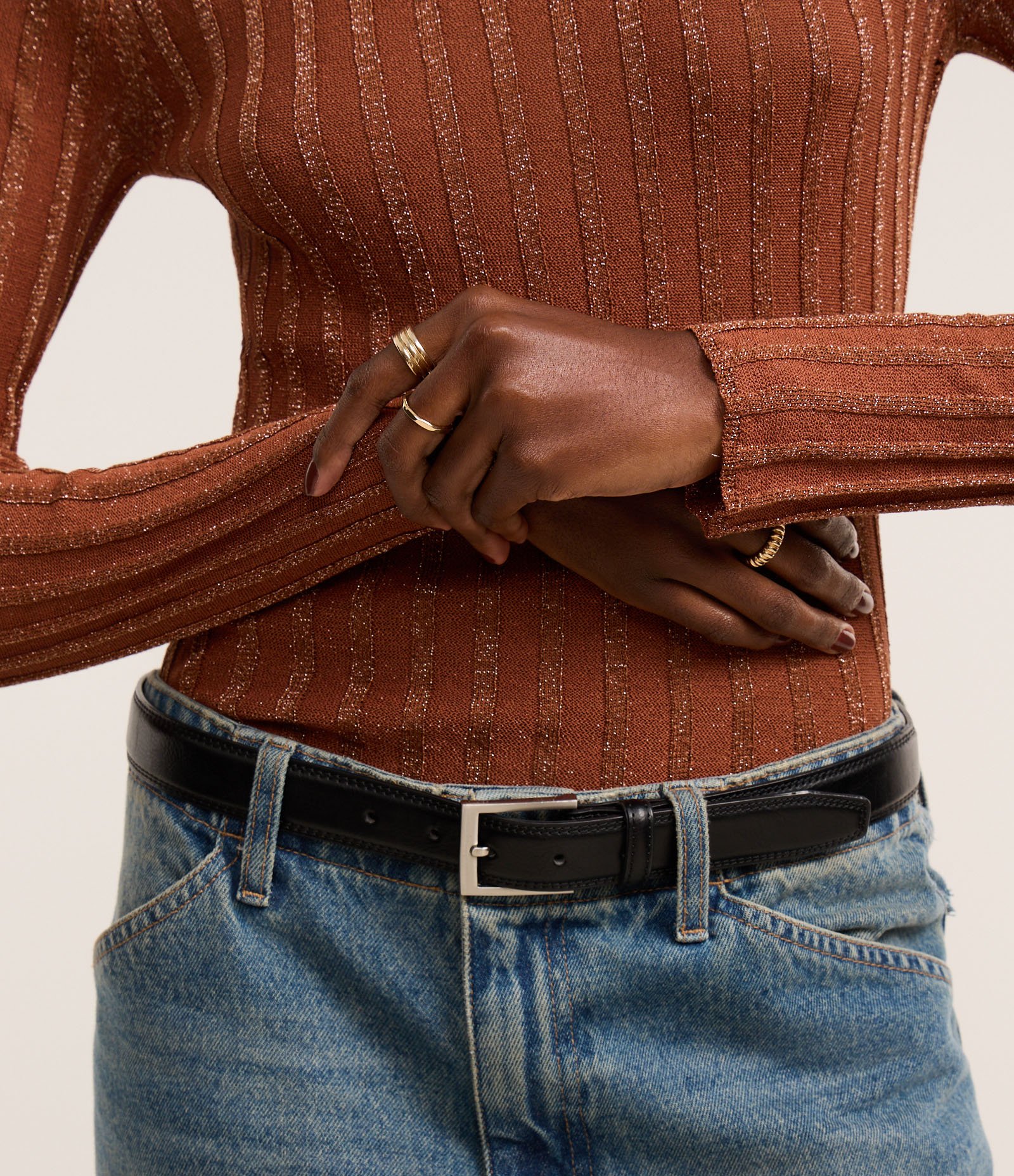 Suéter em Tricô com Listras Texturizadas e Fio Metalizado Marrom Terroso 3