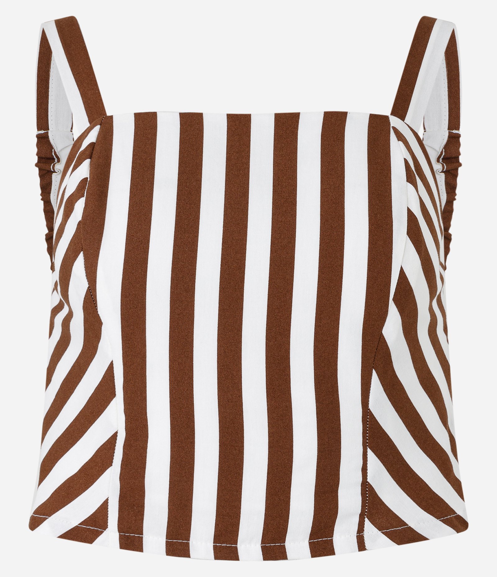 Blusa de Alça em Tricoline Listrado com Lastex Marom/Branco 5