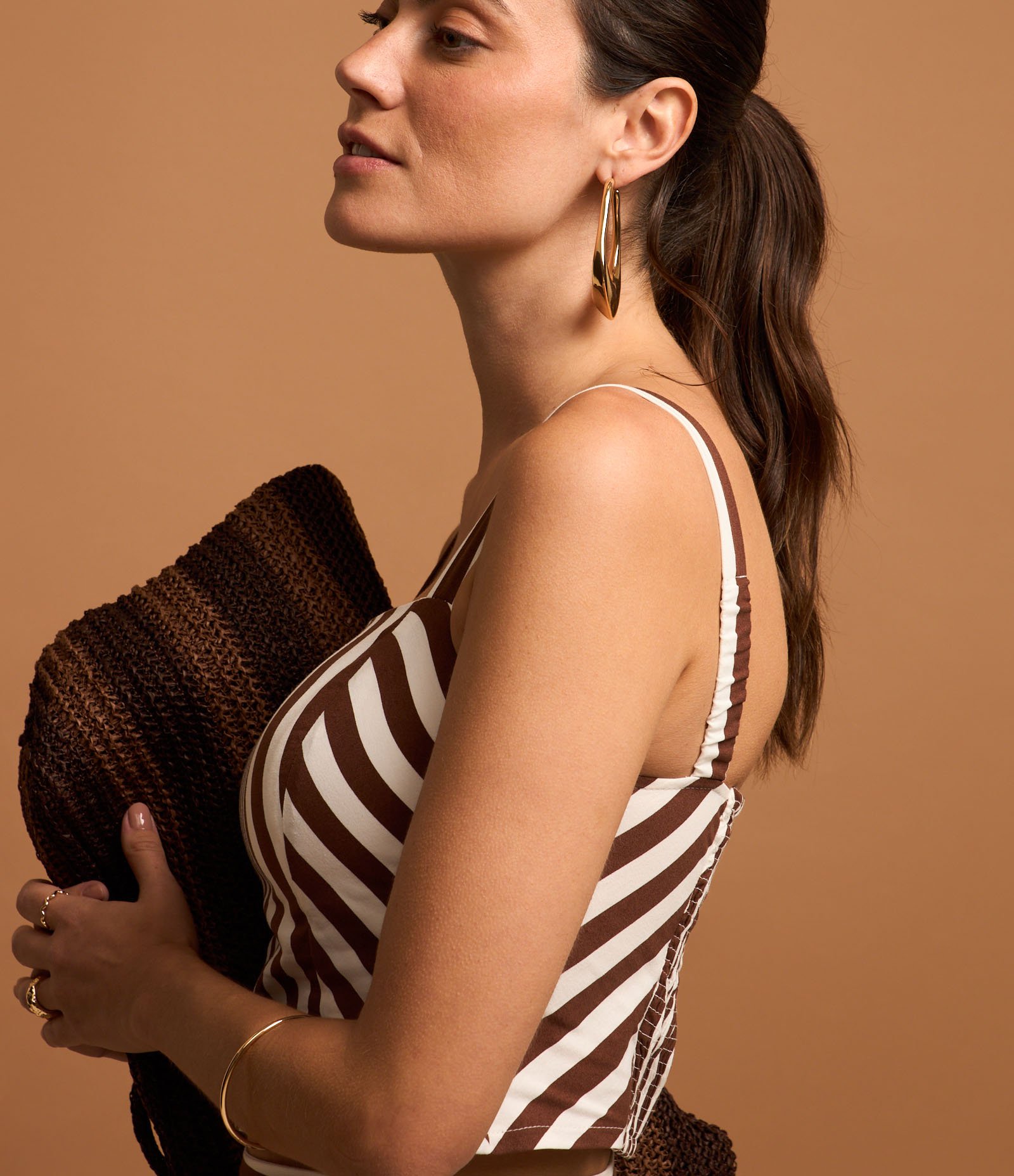 Blusa de Alça em Tricoline Listrado com Lastex Marom/Branco 1