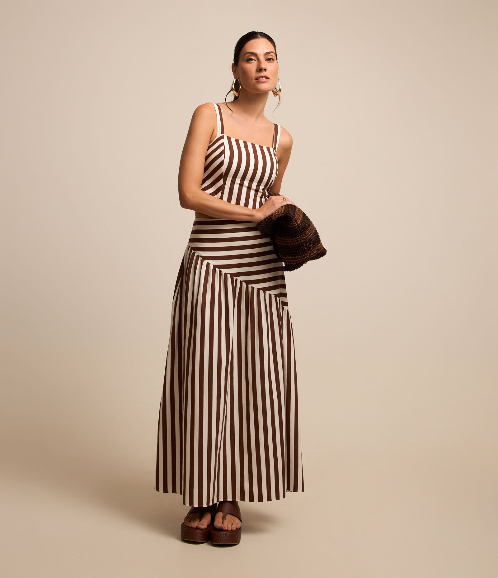 Blusa de Alça em Tricoline Listrado com Lastex Marom/Branco 2