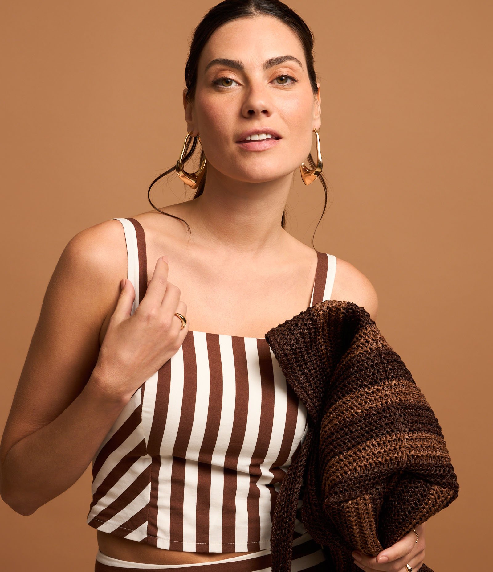 Blusa de Alça em Tricoline Listrado com Lastex Marom/Branco 3