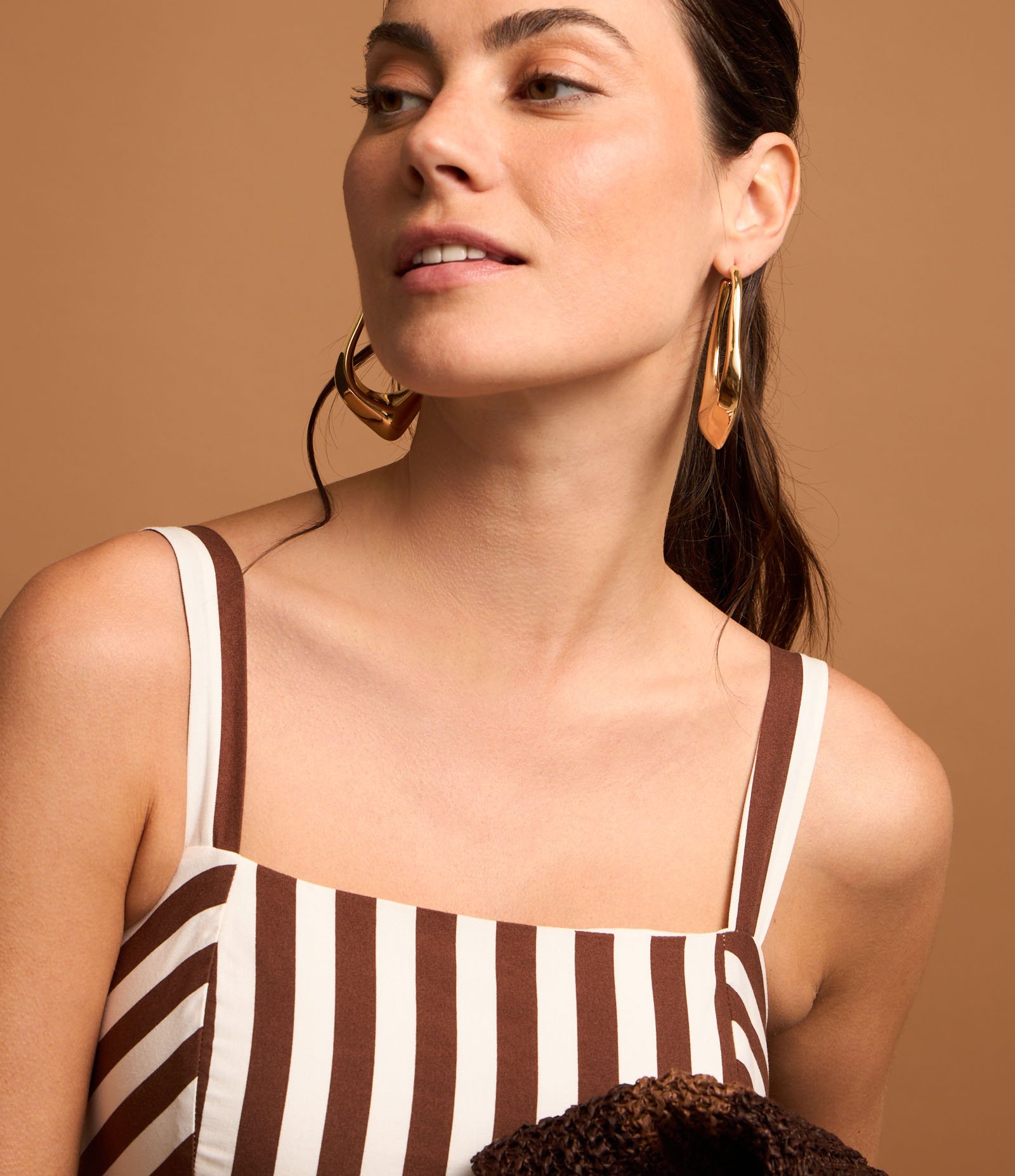 Blusa de Alça em Tricoline Listrado com Lastex Marom/Branco 4