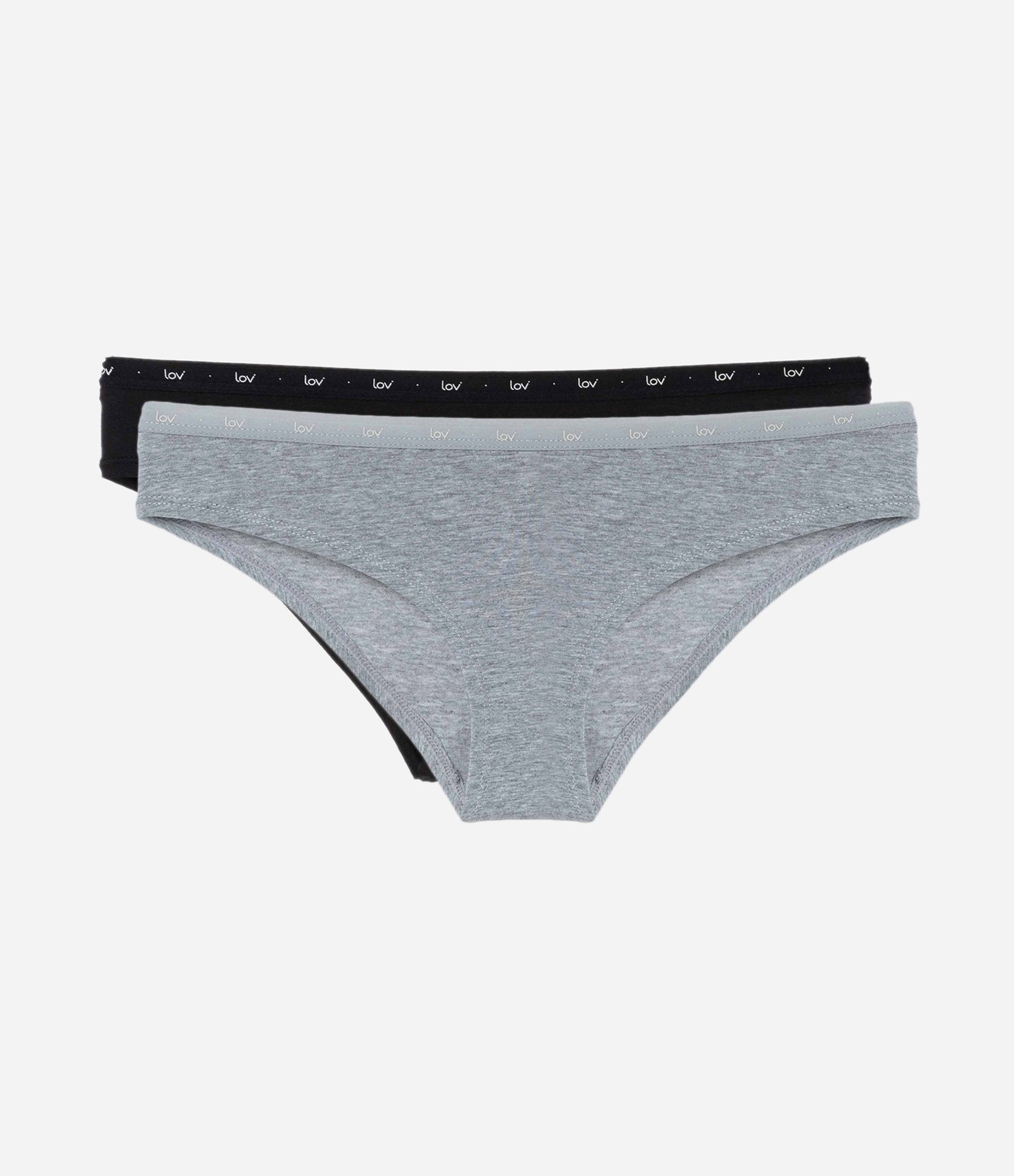 Kit 02 Calcinhas Biquíni em Cotton com Cós Estampado Lov Preto/Cinza Mescla 1