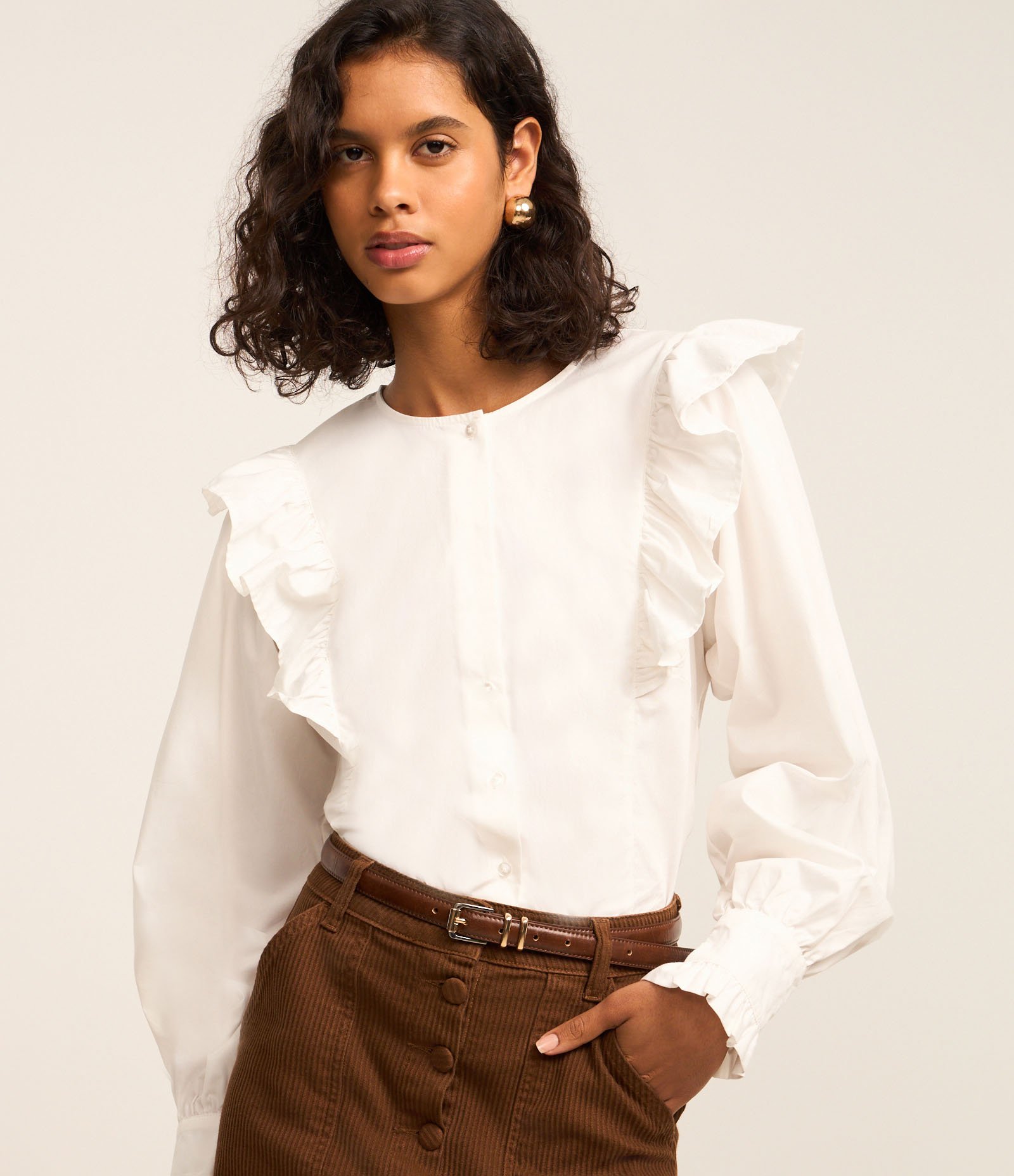 Camisa em Tricoline com Babados e Mangas Bufantes Branco 1