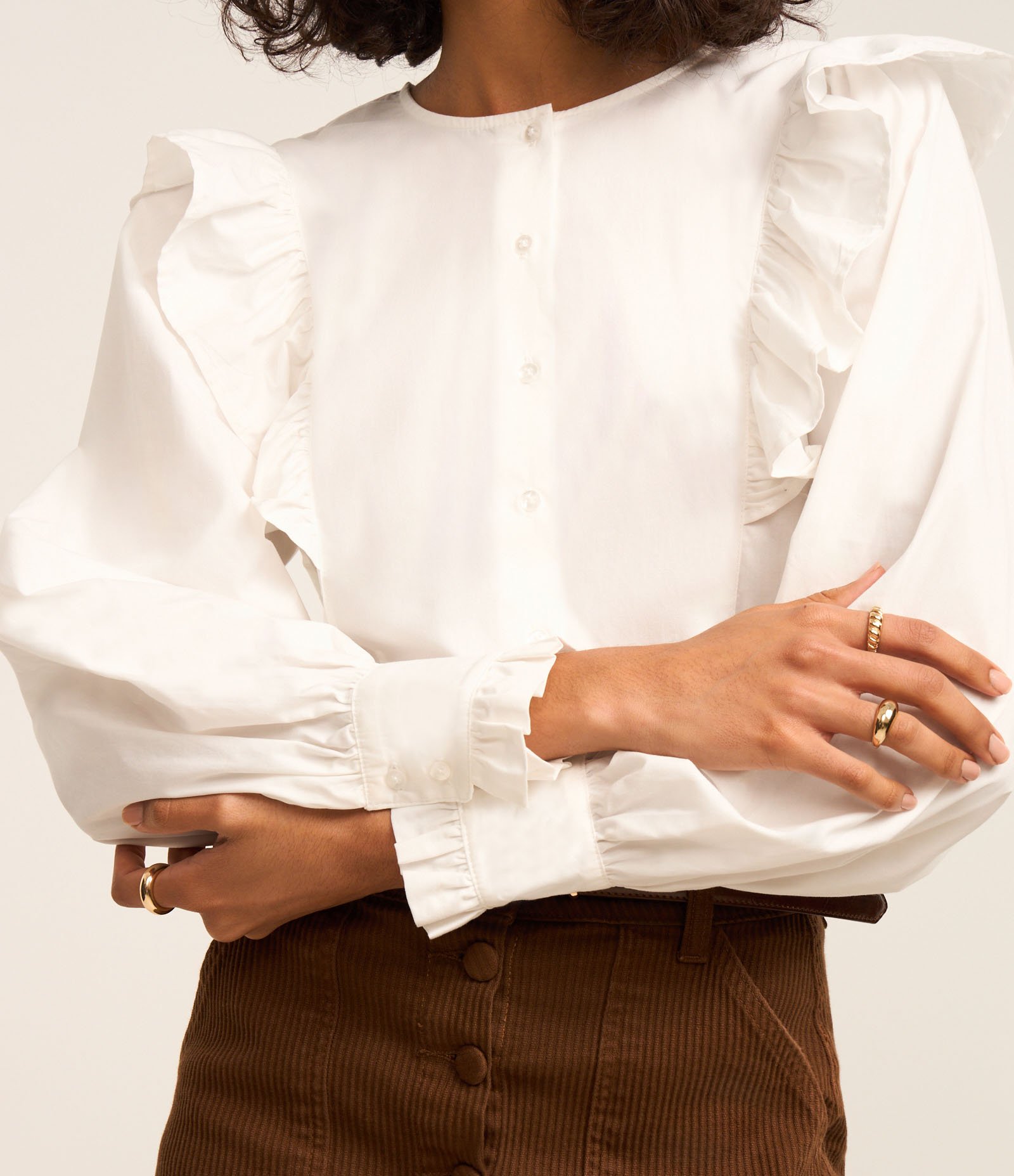 Camisa em Tricoline com Babados e Mangas Bufantes Branco 3