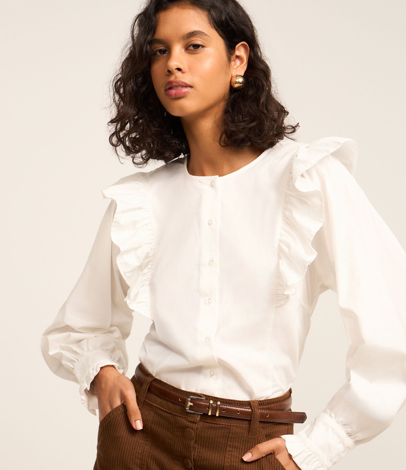 Camisa em Tricoline com Babados e Mangas Bufantes Branco 5