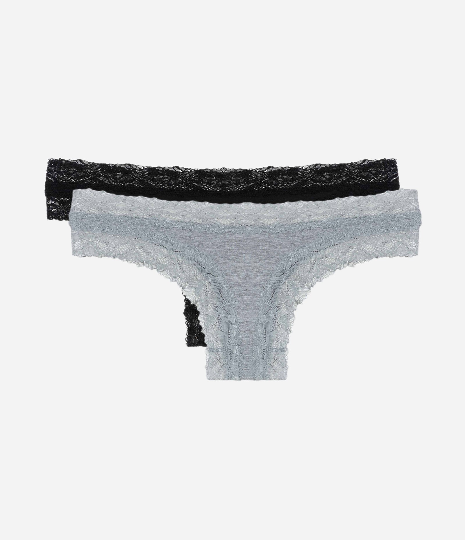 Kit 02 Calcinhas Biquíni Fio Dental em Cotton com Renda e Lacinho Cinza/Preto 2