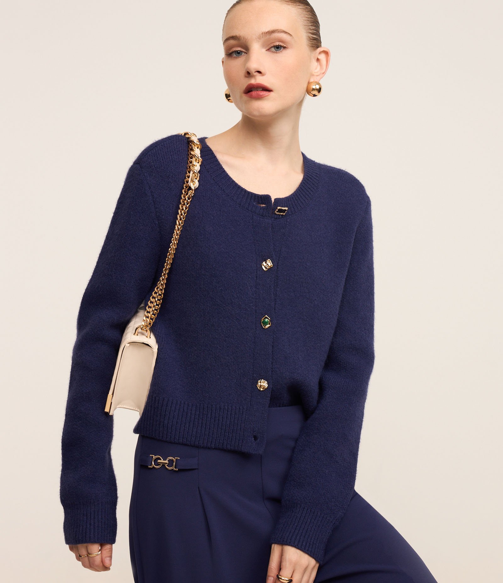 Cardigan Canelado em Tricô com Botões Mistos Azul 1