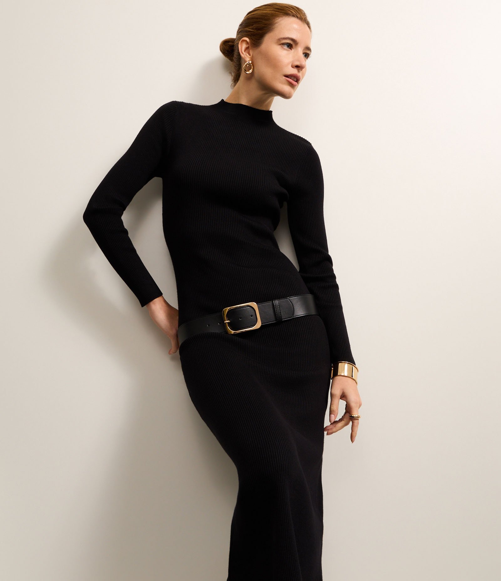 Vestido Long Midi em Tricô com Gola Alta Preto 1